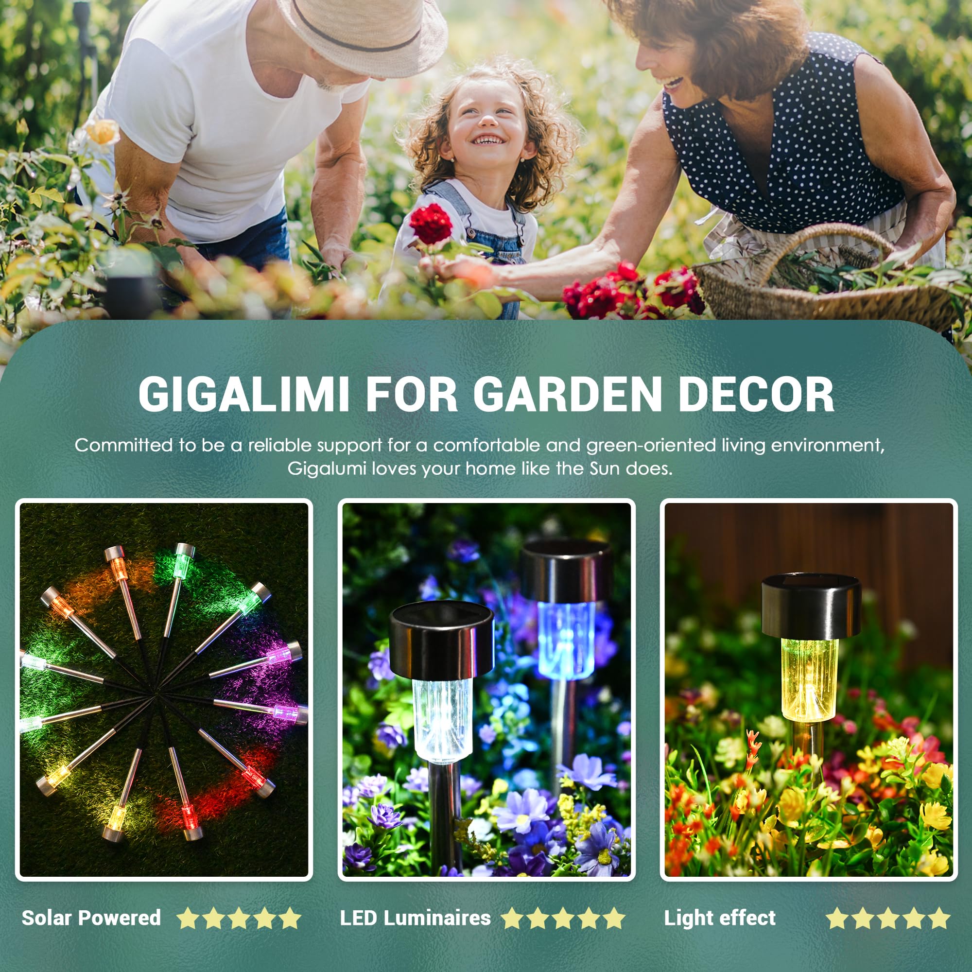 GIGALUMI Solar Garden Lights, Waterproof Stainless Steel, 12 Pack, Multicolor, Model 6843