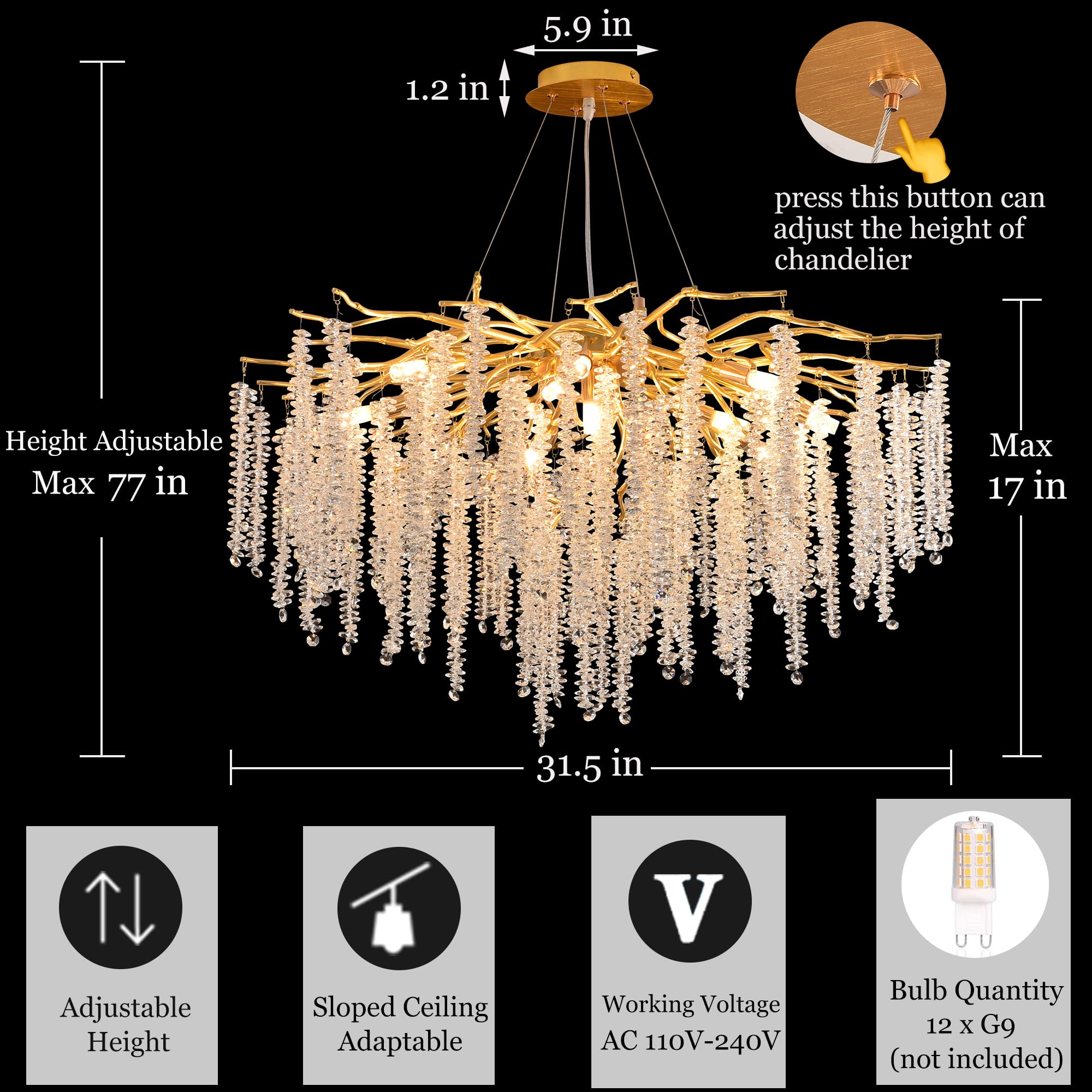 Upfelw Gold Crystal Tree Branch Chandelier, 31.5'' Modern Raindrop Design, 12 Lights for Dining Room, Living Room, Bedroom - Model UBC-G12-0426