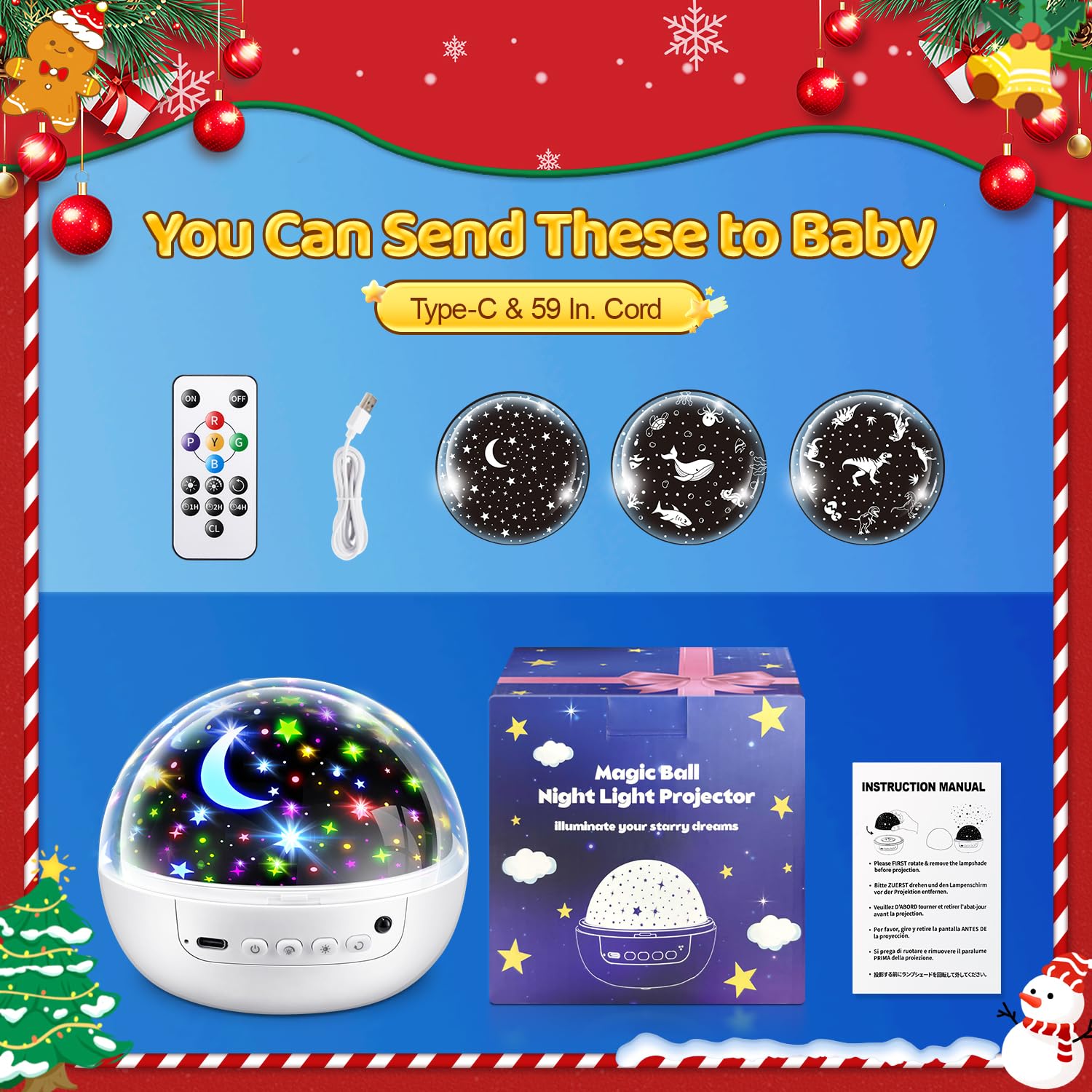 Coolnight Christmas Room Decor  93 Lighting+3 Films Christmas Projector Christmas Stuff  Remote+Dimmable+360?Slient Nightlight For Baby Nursery  Christmas Room Decorations  Moon Projector (White)