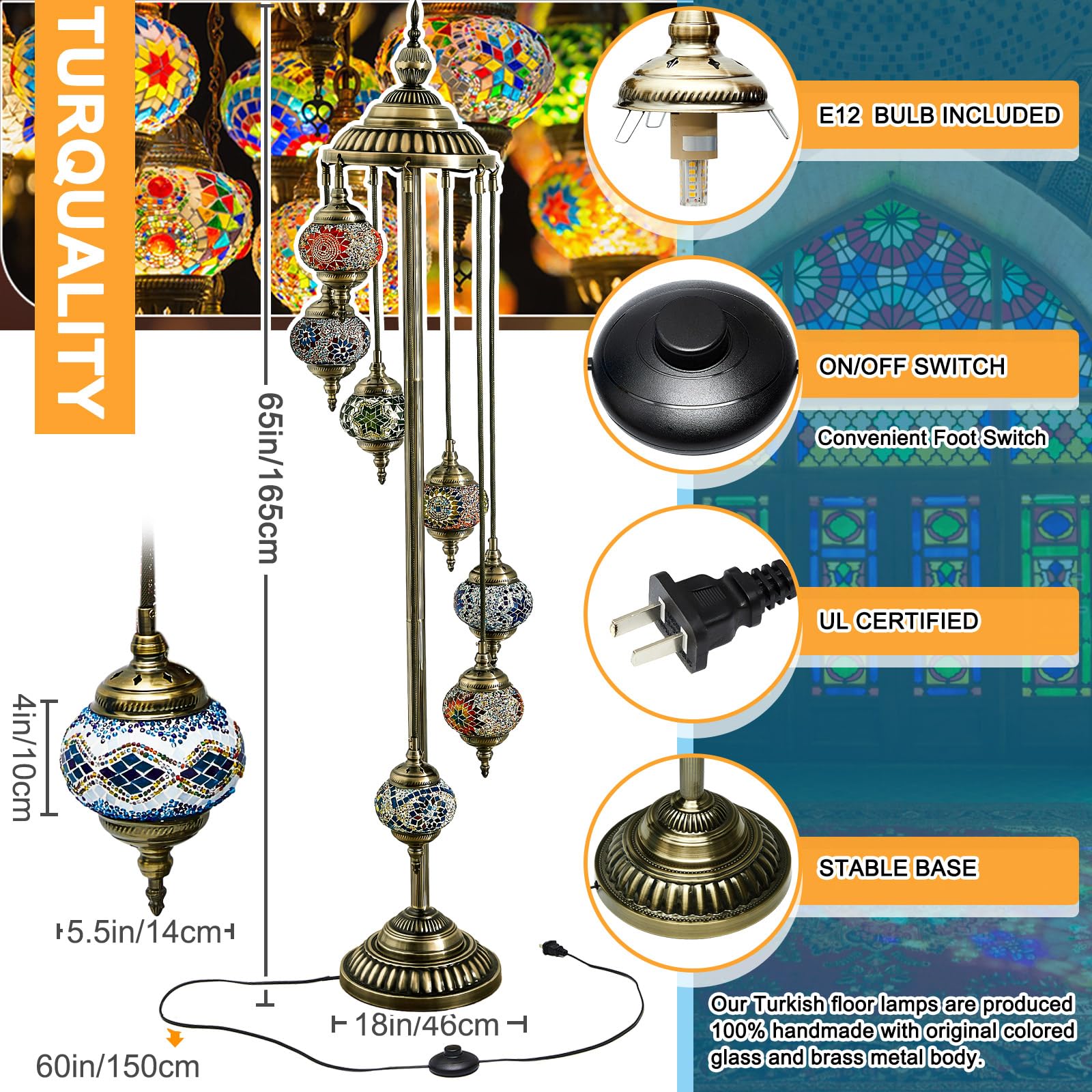 Hortsun Moroccan Floor Lamp - Handmade Colorful Globe Design, Metal, Model WA-23-2, Bohemia Style for Home Decor