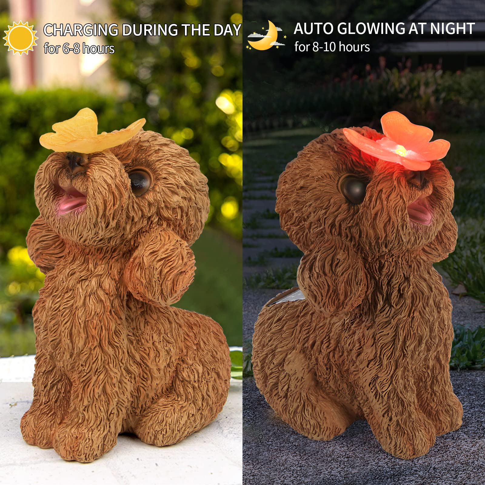 PaLuQiYa Dog Statues Outdoor Decor - Solar Resin Dog Ornaments for Garden, Patio, Lawn - Teddy Color, Ideal Housewarming Gift