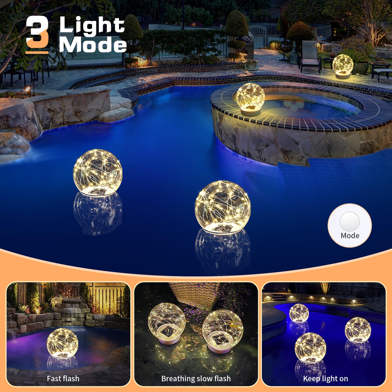 Solar Floating Pool Lights, 5.9'' Glow In The Dark Warm White Pool Lights That Float, 2-In-1 Design Float Or Insert Solar Globe