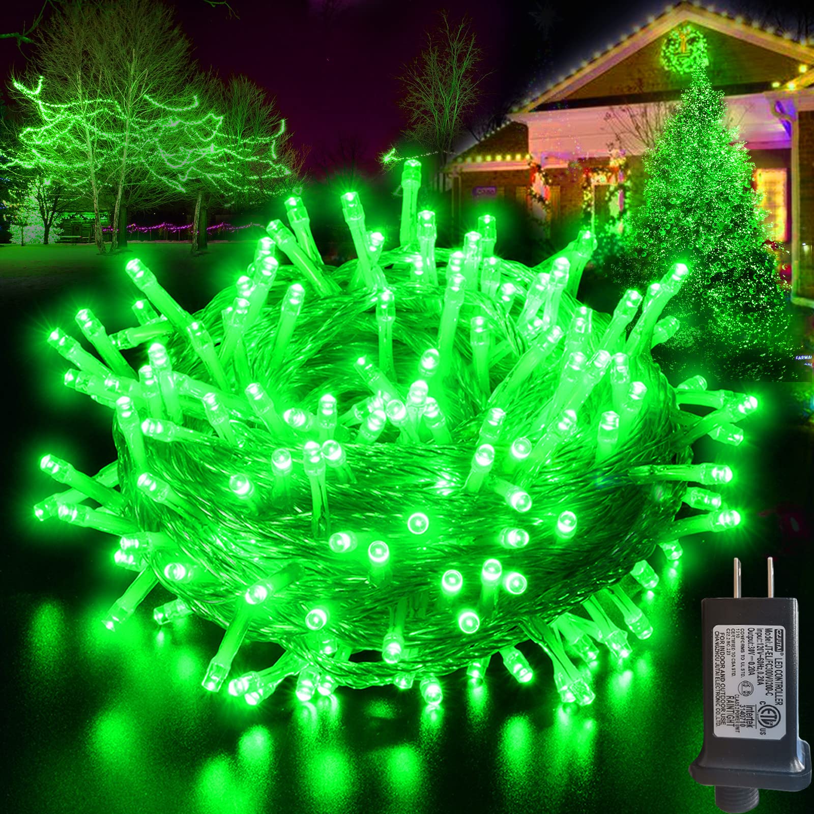 Pooqla Green String Lights, 66ft 200 LED, Indoor Outdoor Twinkle Lights, Clear Wire, St Patricks Day Decor, Model LR-(1-1000) L-SL02