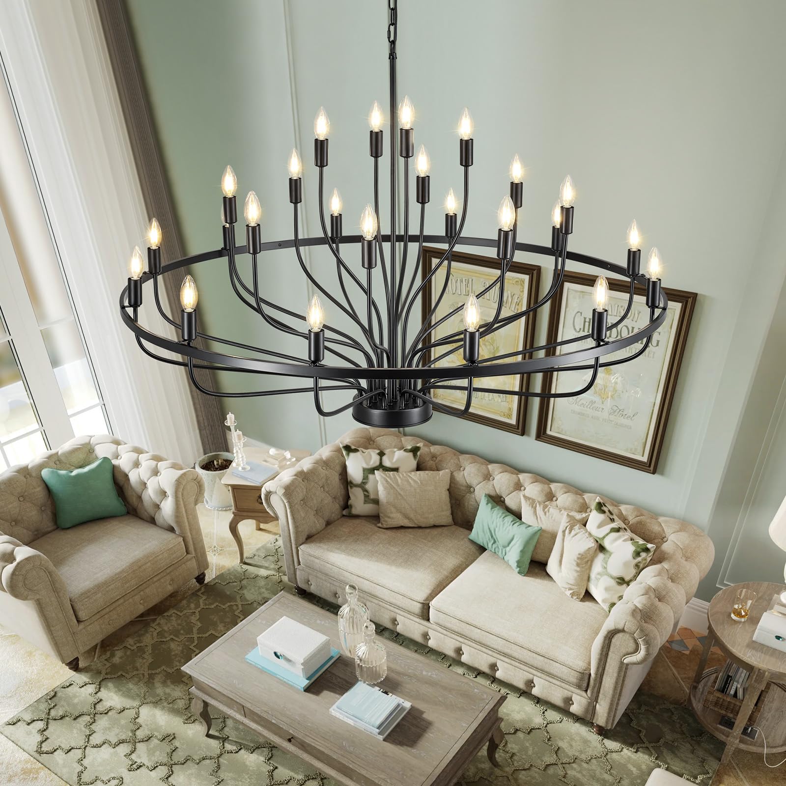 Widluth 47.2'' Large Black Chandelier 24 Light Rustic Industrial Candle Chandeliers Modern Farmhouse Vintage Wagon Wheel Chandel