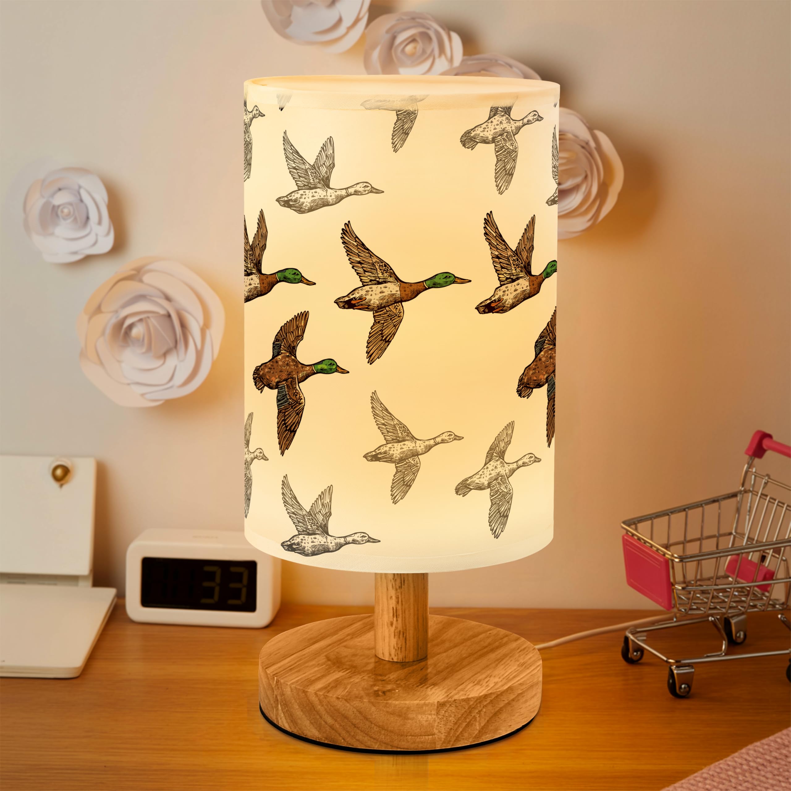 Imvertu Flying Mallard Duck Bedside Table Lamp for Bedroom with USB Port  Funny Cozy Kids Nightstand Lamp with Wood Base Polyester Fabric Shade for Living Room Dorm Desk (Brown)