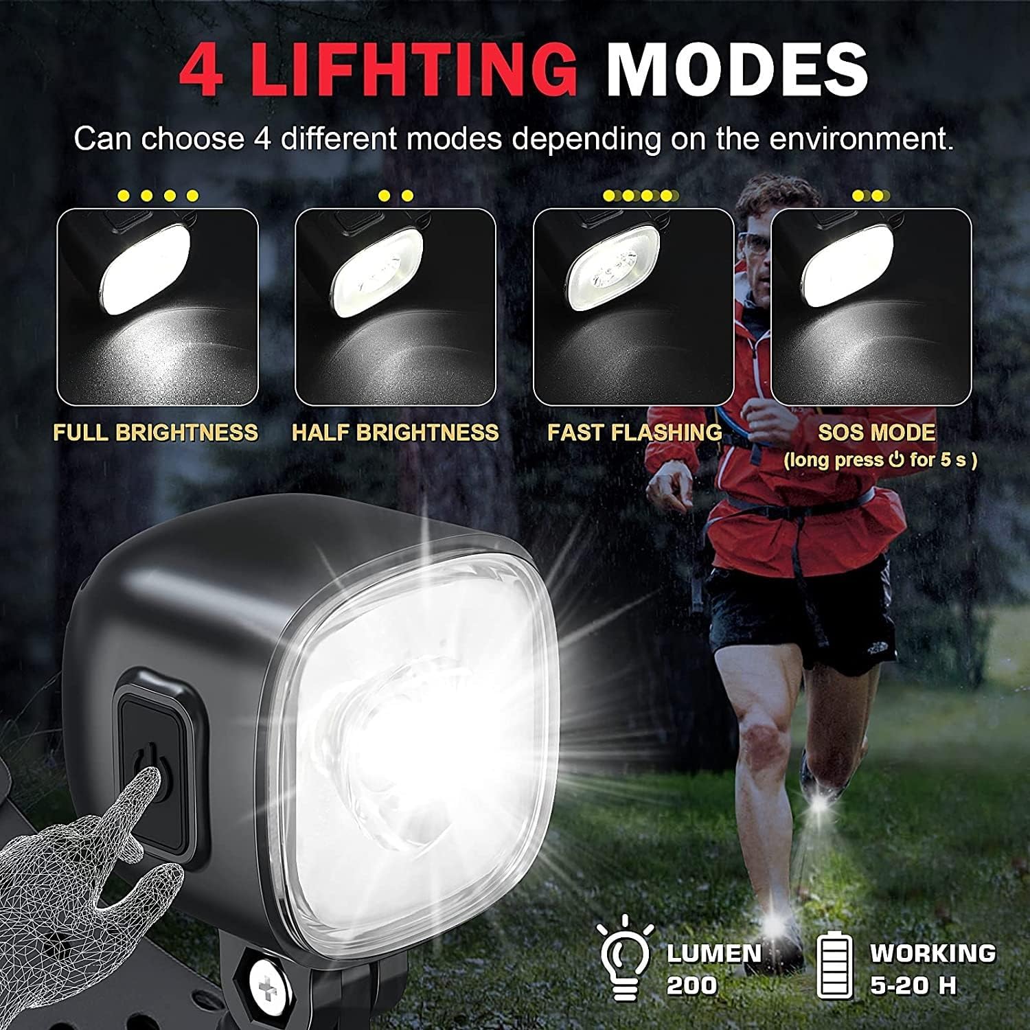 HalfofLife Rechargeable Headlights, Black LED Flashlight for Shoes, 2 PCS, Outdoor Waterproof, IPX6, 3 Light Modes, Model HOL-BDXD-2PCS-B