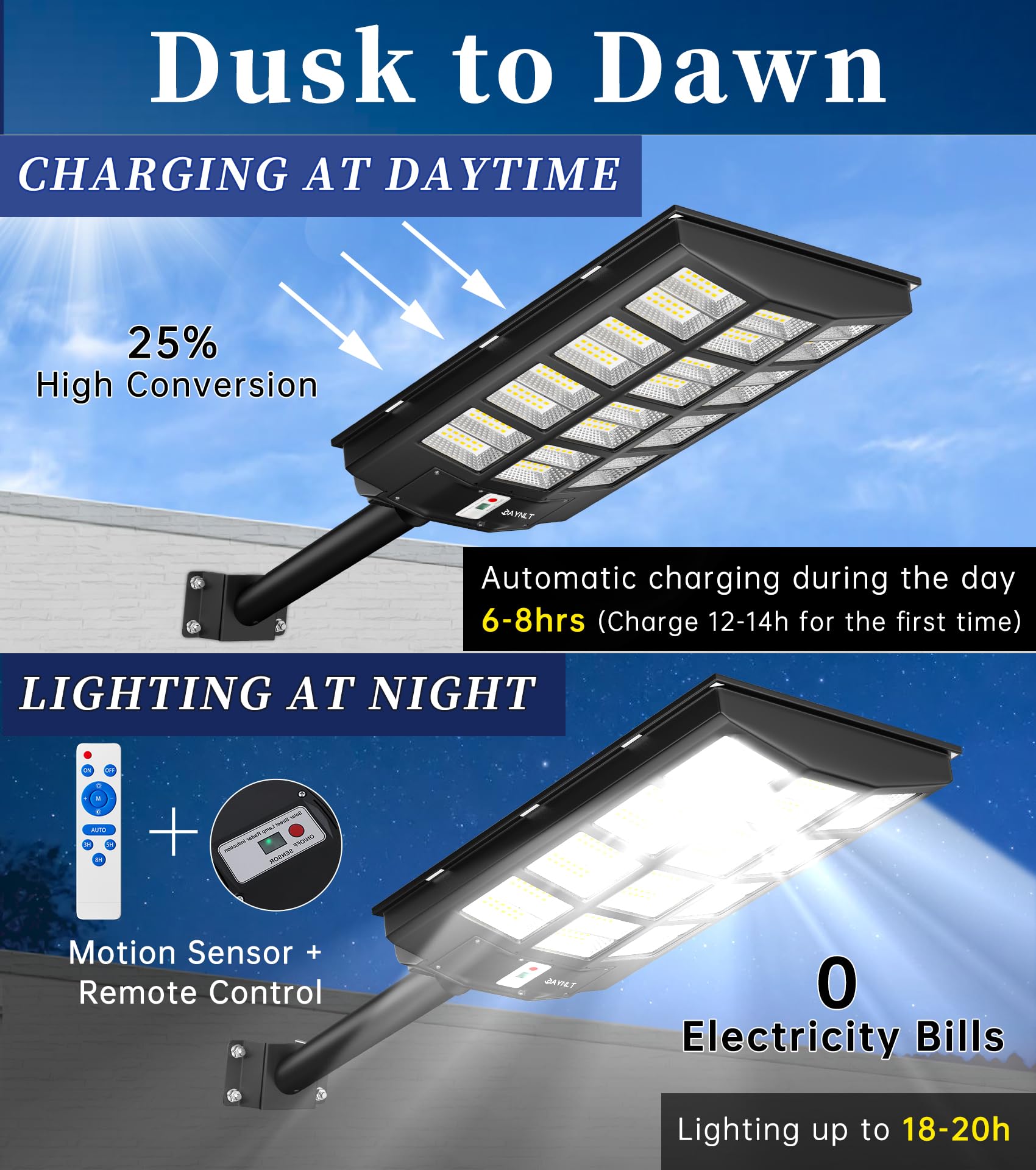 Jaynlt Y-6800W Solar Street Lights Outdoor, 600000Lm 6500K Powerful Parking Lot Lights Commercial, Duks To Dawn Solar Lamp Outdo