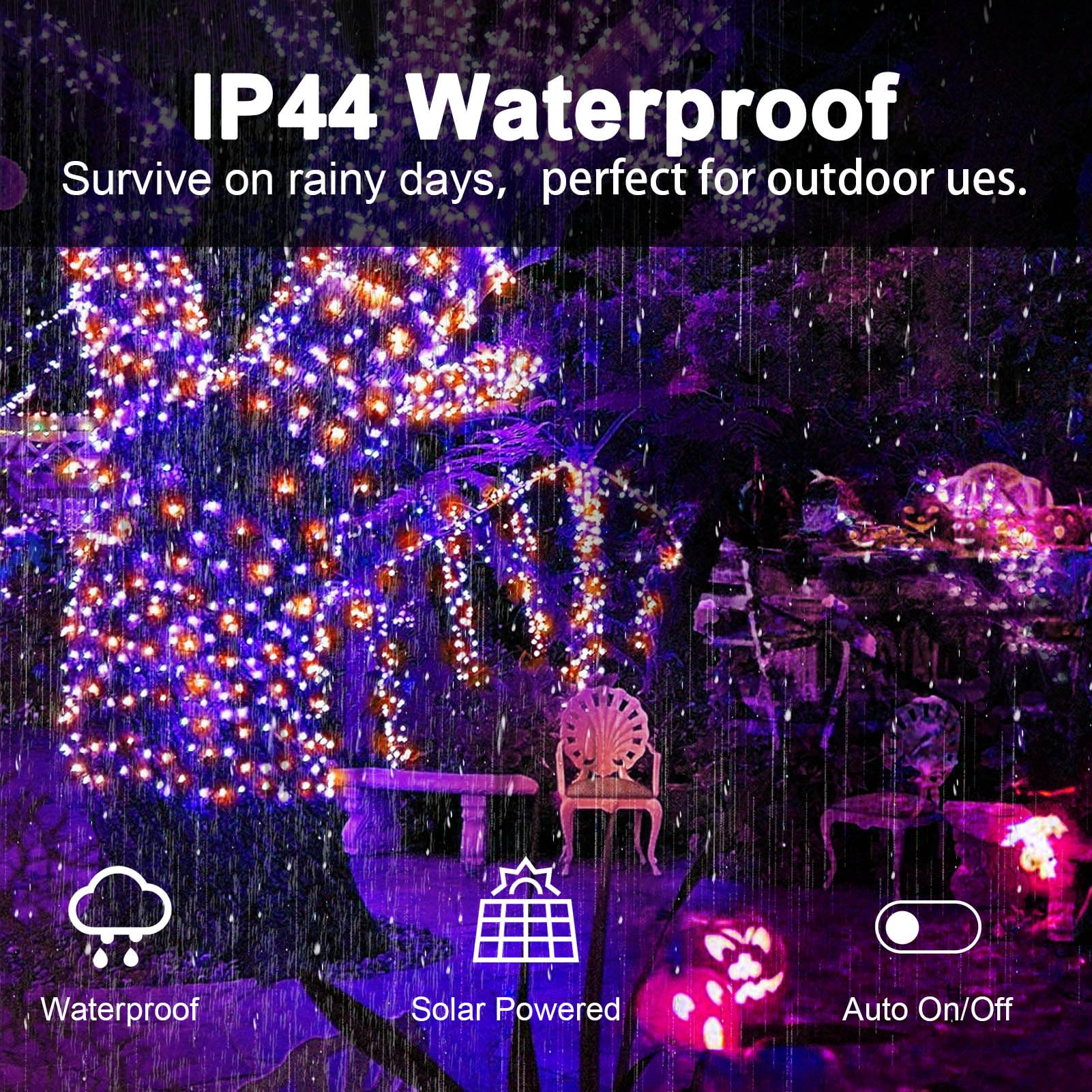 Amadecohome 2 Pack 400 Led Solar String Lights, Waterproof, 8 Modes, Orange-Purple, For Outdoor Holiday Decor, Model Sl0