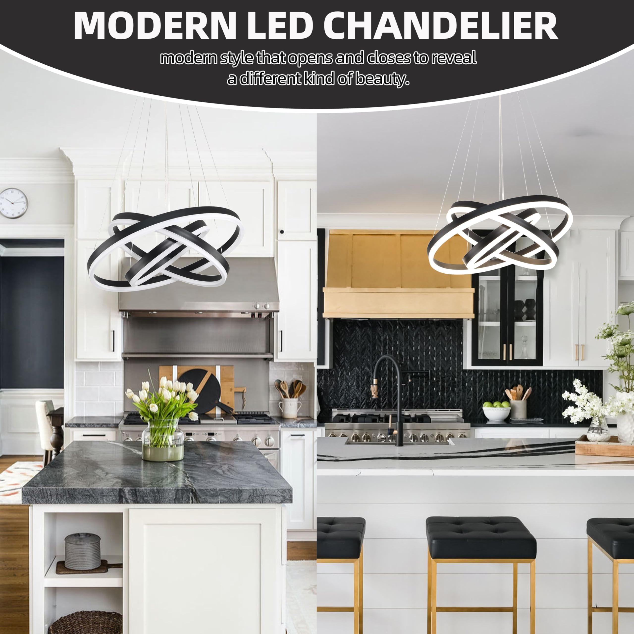 Mccokaige Modern LED Chandelier, Dimmable 3 Rings, Height Adjustable, Black, Metal, Model YK-345-H, Ideal for Living Room, Dining Room, Bedroom