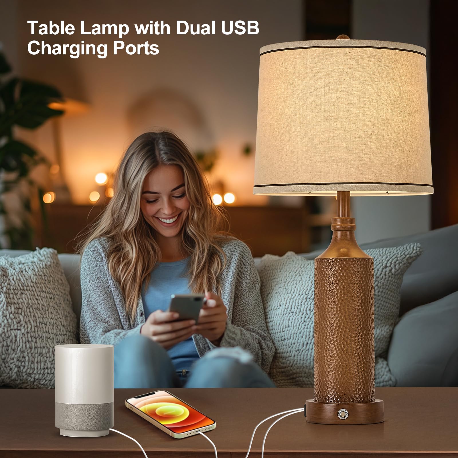 Aidenoey 27.5'' H 3-Way Dimmable Touch Control Table Lamp With Usb A+C Ports, Vintage Walnut Finish Resin Bedside Farmhouse Tabl