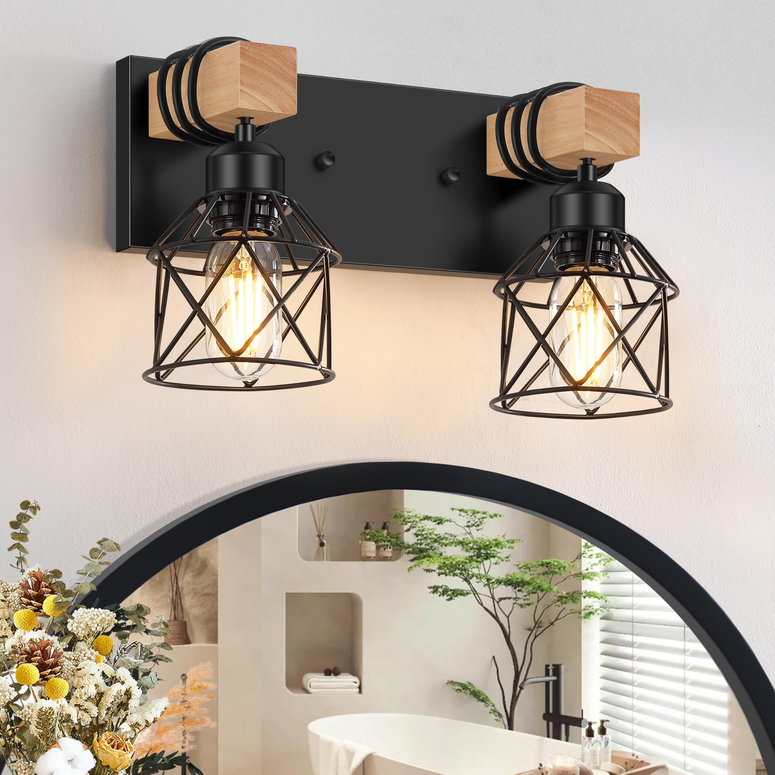 Fadimikoo 2-Light Farmhouse Bathroom Vanity Light Fixtures  Wood Bathroom Lighting Over Mirror  Black Rustic Sconces Wall Lighting With Metal Lampshade For Living Room  Bedroom  Hallway