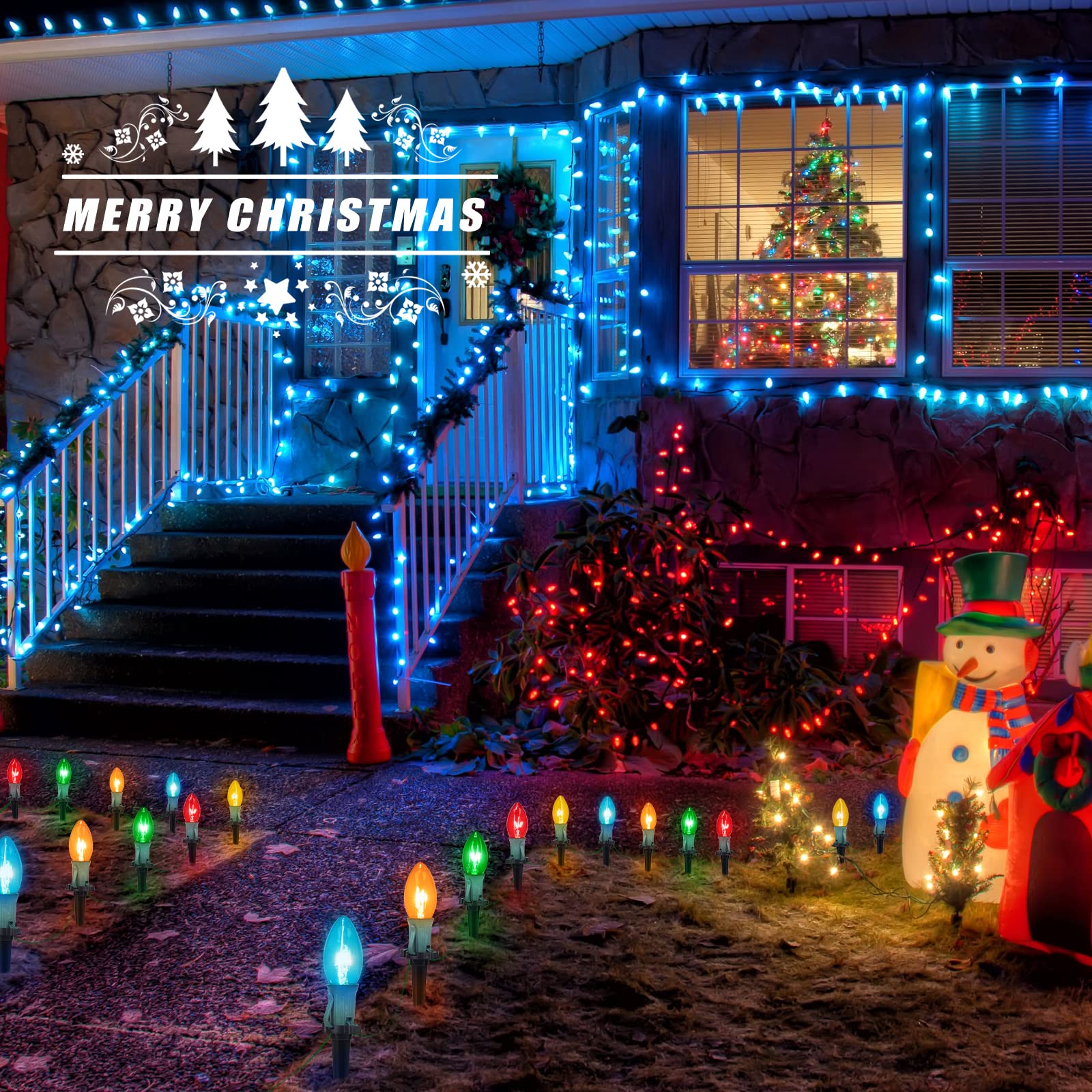 Brightown Christmas Pathway Lights, 25.7 Ft C9 Multicolor Outdoor Decorations, 20 Bulbs, Copper Material, Model GYPI-O207AU
