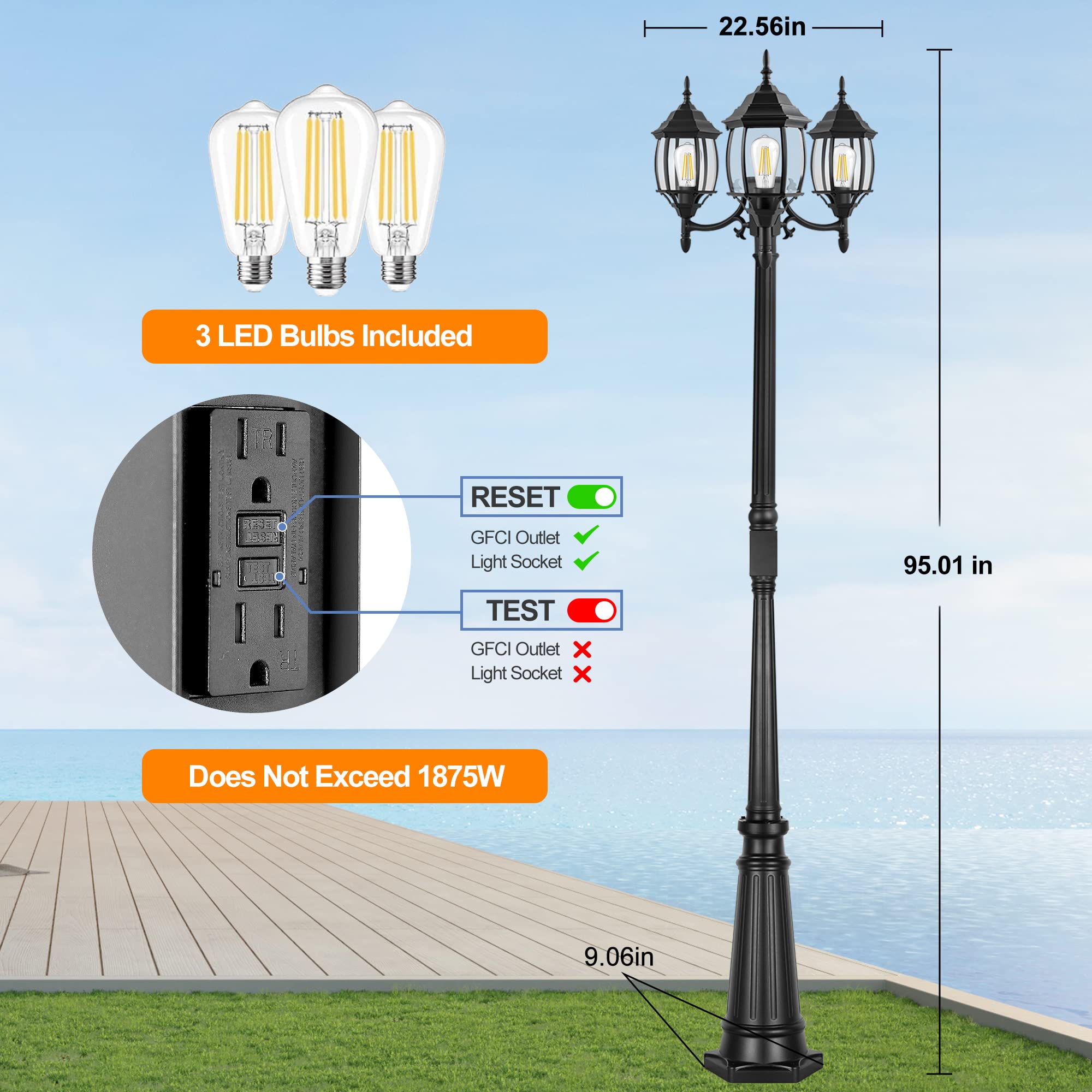 PARTPHONER Outdoor Lamp Post Light with GFCI Outlet, 3-Head, Black, Aluminum, Model PL004, 3 LED Bulbs Included