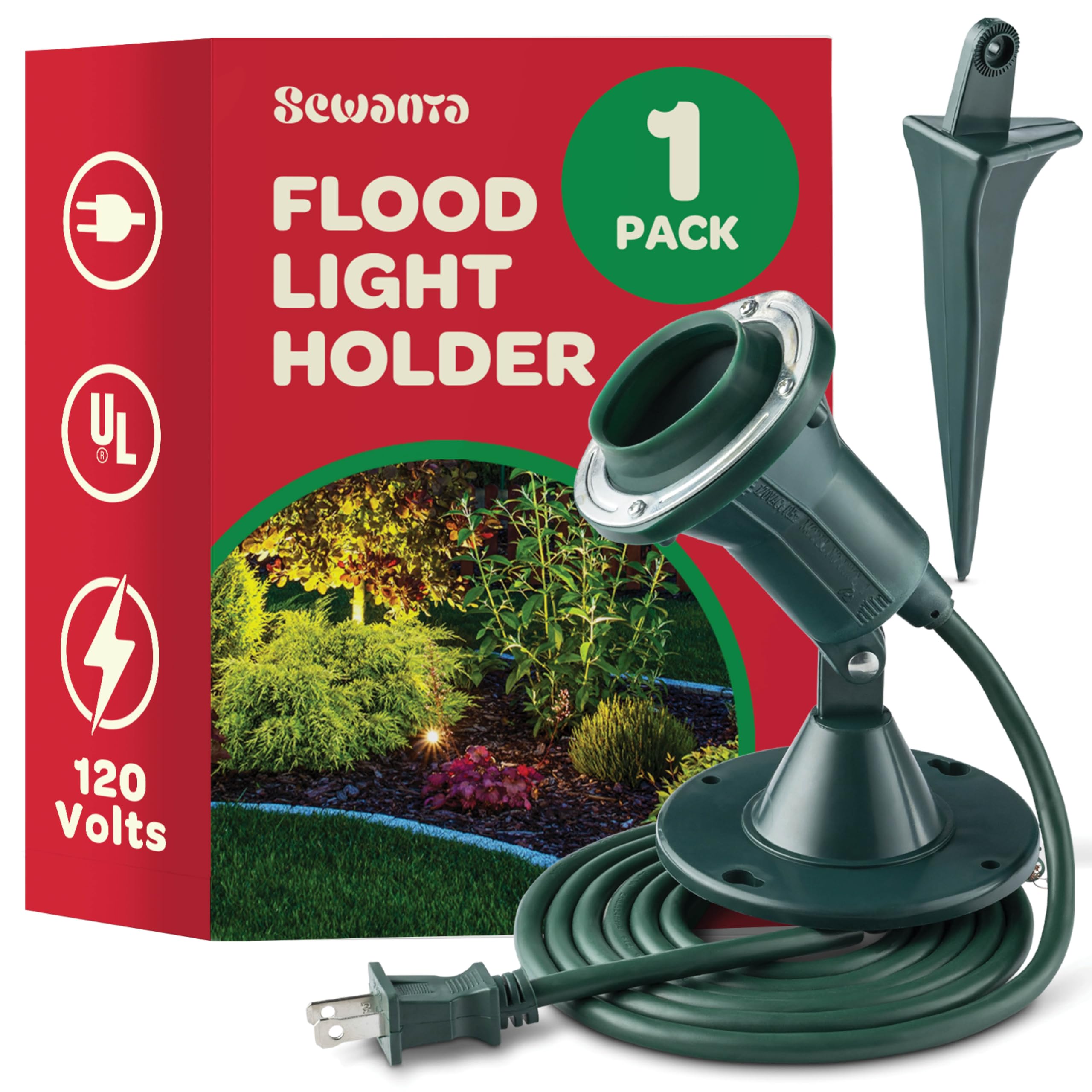 Sewanta Outdoor Flood Light Holder - Heavy Duty Green Fixture With Stake & Wall Mount, 6-Ft Cord
