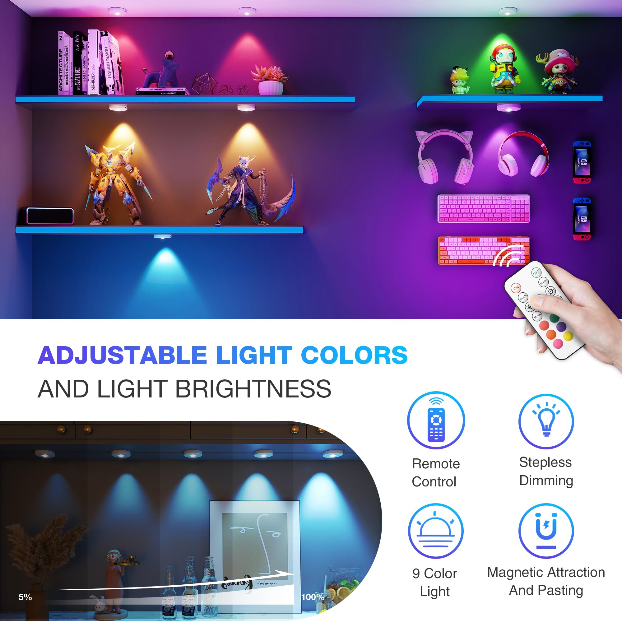 RGB Puck Lights with Remote Control, 2000mAh Battery Operated Tap Lights Rechargeable, 9 Colors & 2 Dynamic Changing Under Cabin