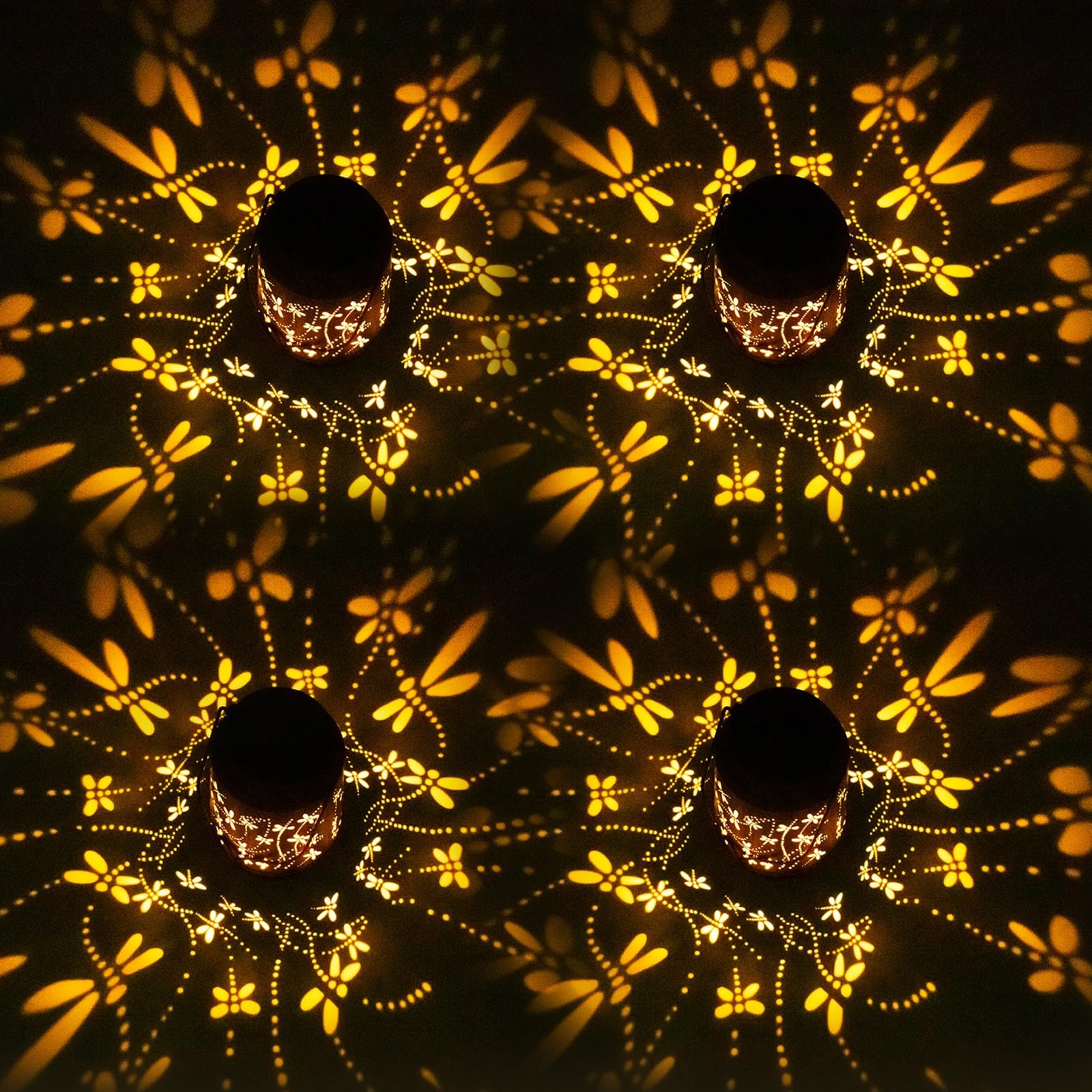 4 Packs Solar Lanterns Outdoor Hanging Lantern Lights, 4 Dragonfly Hollowed-Out Metal Decor Lantern, Waterproof LED Decorative G