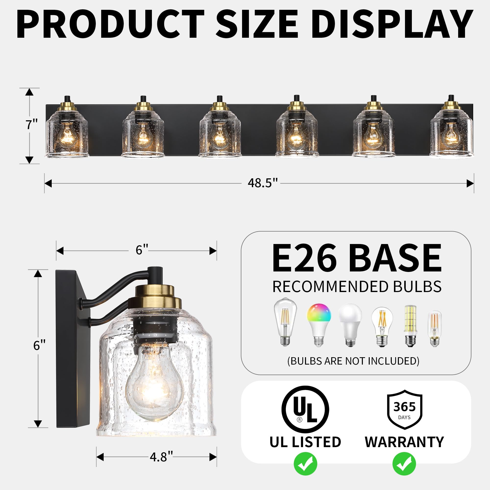 YKLITG 6-Light Bathroom Vanity Light, Black and Gold Metal with Bubble Glass Shades, Model BD005, Rustic Wall Sconce for Home Decor