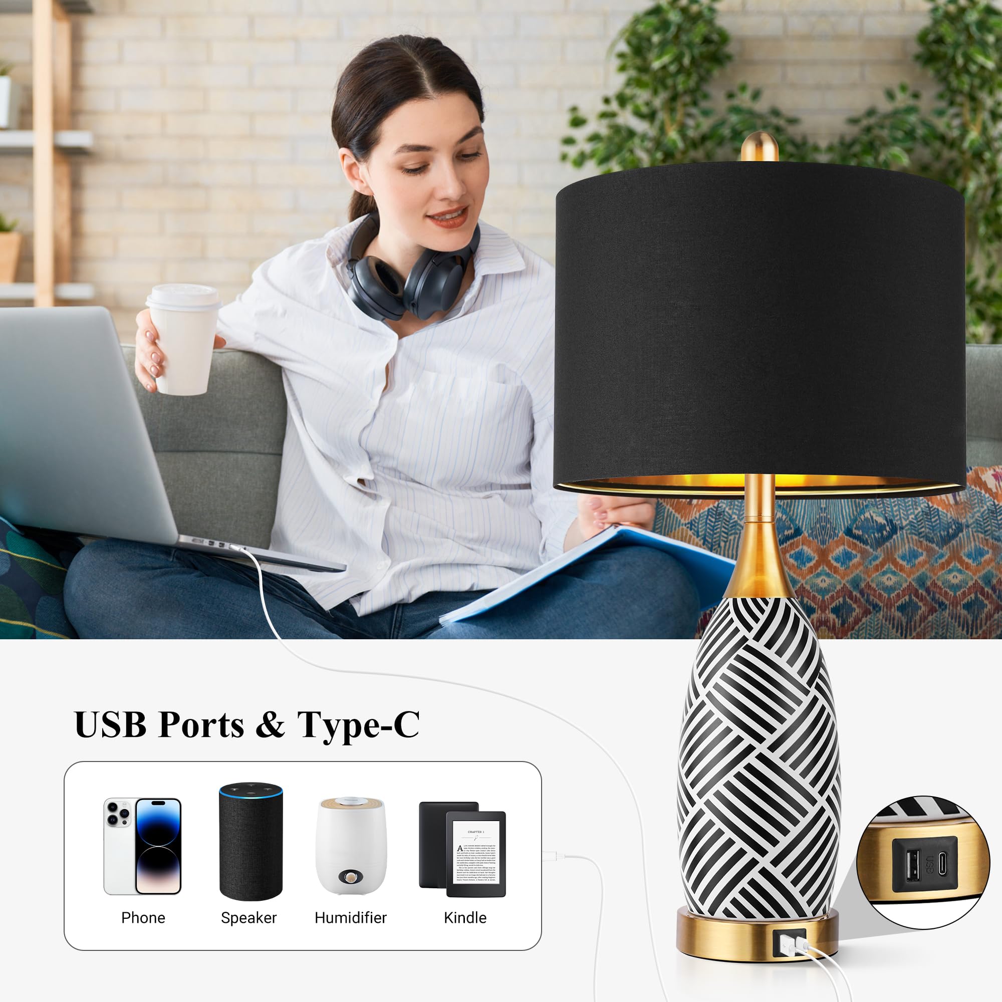WIHTU 25.5 Black and Gold Touch Control Table Lamp, 3-Way Dimmable Ceramic with USB & Type-C Ports, Ideal for Bedroom & Office