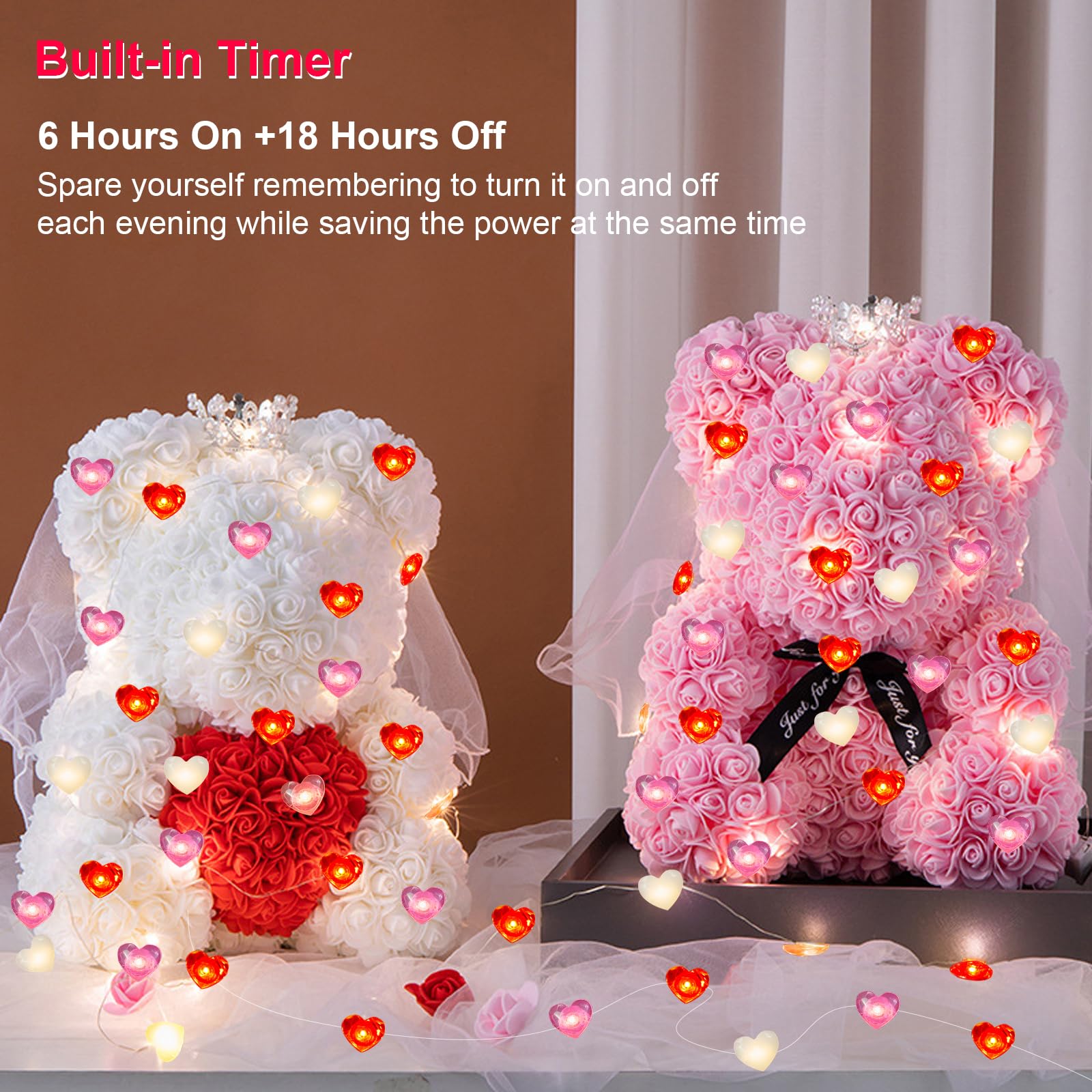Valentines Day Heart Fairy Lights-14.4Ft 40Led Battery Powered Red Pink White Heart Twinkle String Lights With 8 Modes Timer Rem