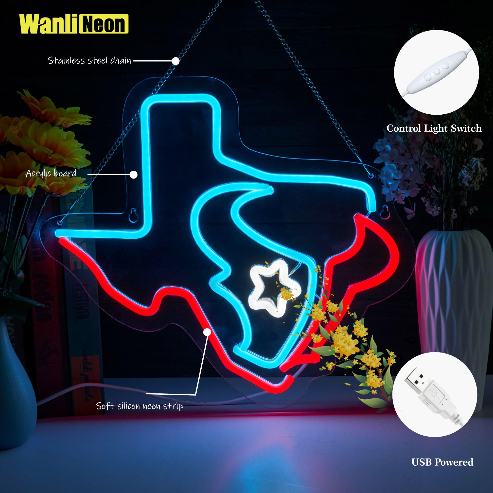 WanliNeon Texans Football Neon Sign, 17.5x15.6 In, Acrylic, Blue + Red + White, Ideal for Bar, Man Cave, Game Room Decor