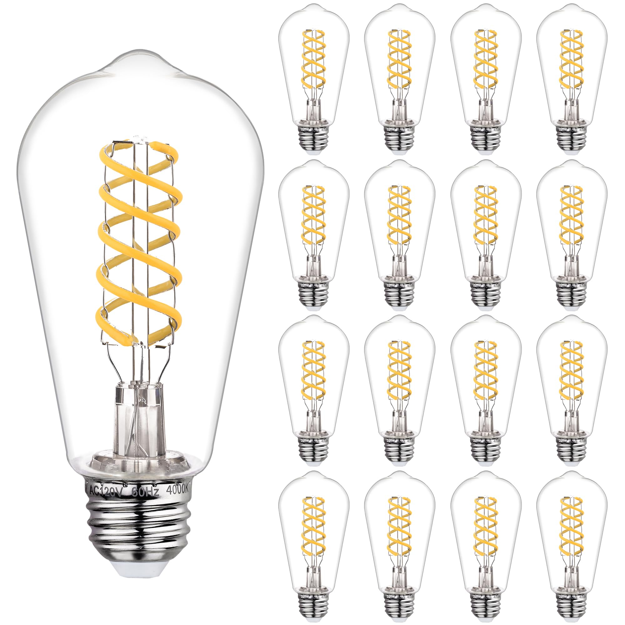Austin Coast 16 Pcs Dimmable Vintage Led Edison Bulbs, 6W Equivalent 60 Watt, Natural White 4000K, Antique Flexible Spiral Led F