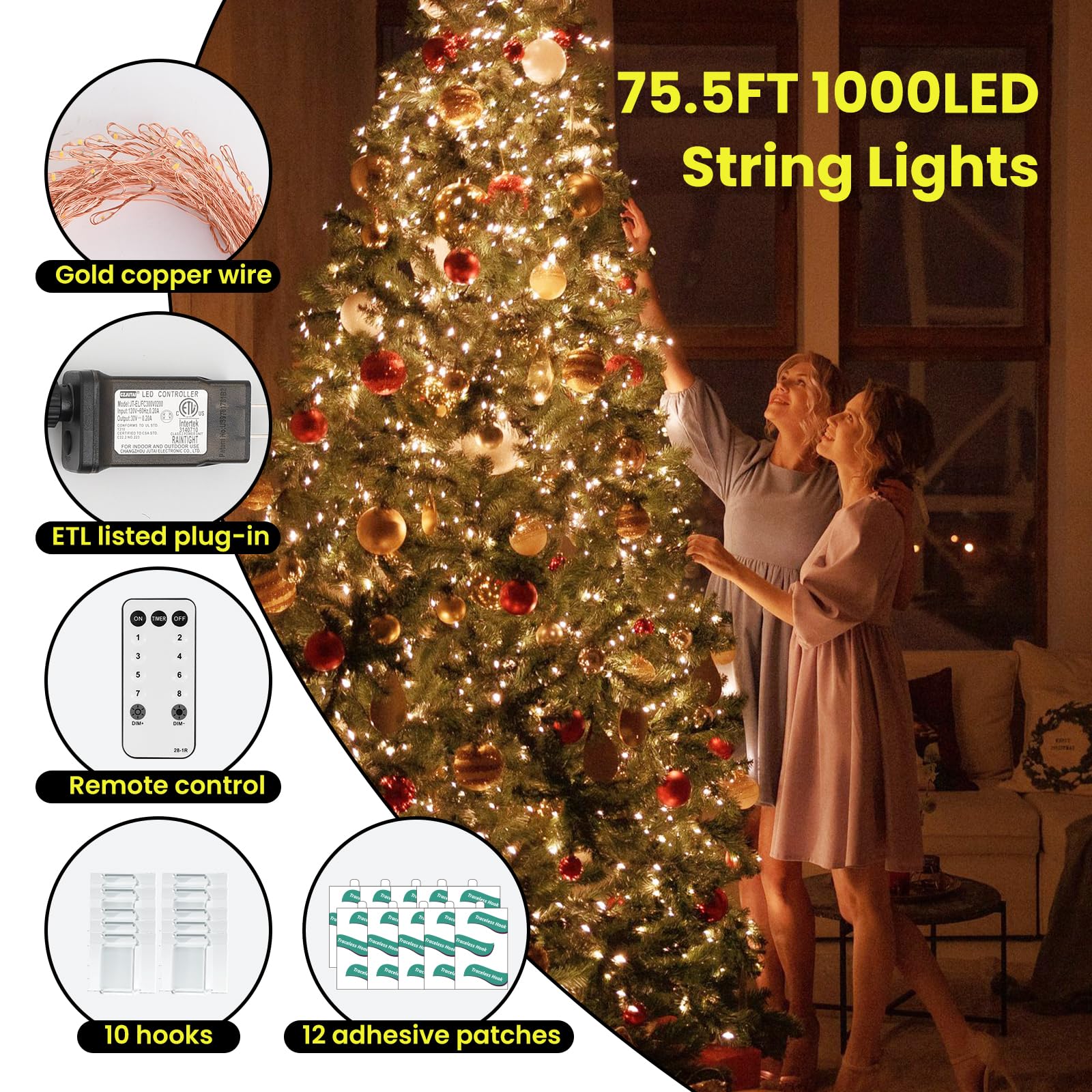 Dailyart 1000 LED Fairy Lights, Warm White, 75Ft Waterproof String Lights with Remote, Gold Copper Wire for Indoor/Outdoor Use