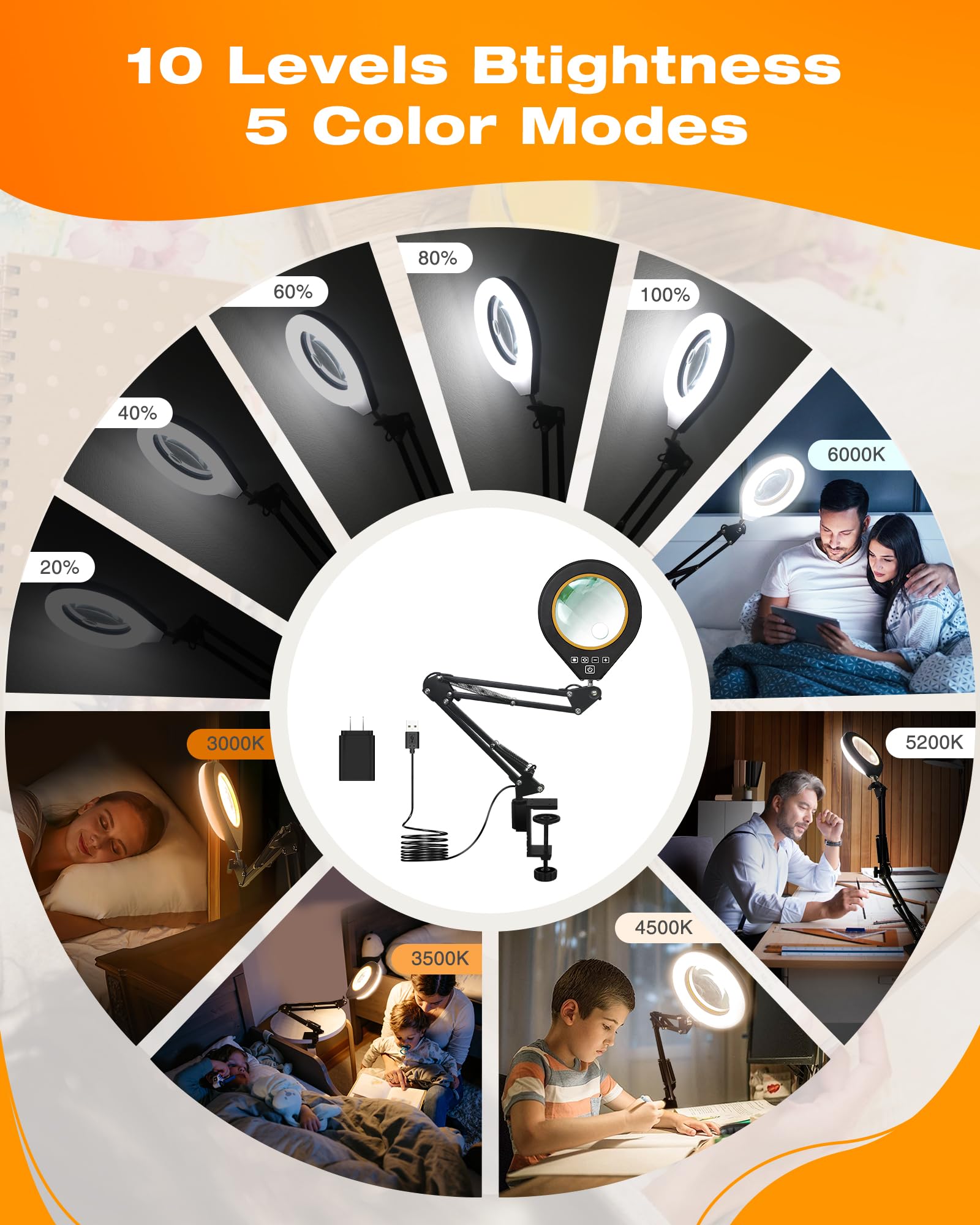 Magnifying Glass With Light, 10X & 5X Real Glass & Anti-Glare Lens, 5 Color Mode Stepless Dimmable Led Desk Magnifying Lamp, Han