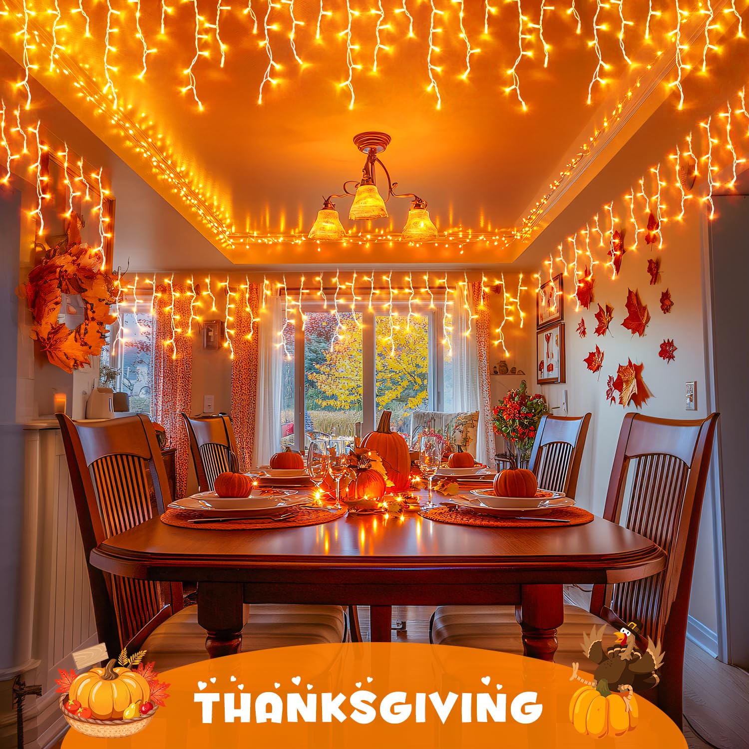 JMEXSUSS 800 LED Orange Icicle Lights - Waterproof, 8 Modes, Plug-in, Copper Material for Indoor/Outdoor Holiday Decor