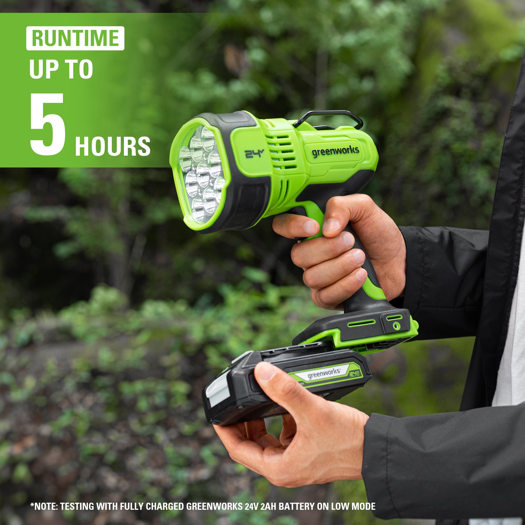 Greenworks 24V LED Spot Light Kit with 2Ah Battery and Charger - Model WLG902, Plastic Material, 2.0Ah Size