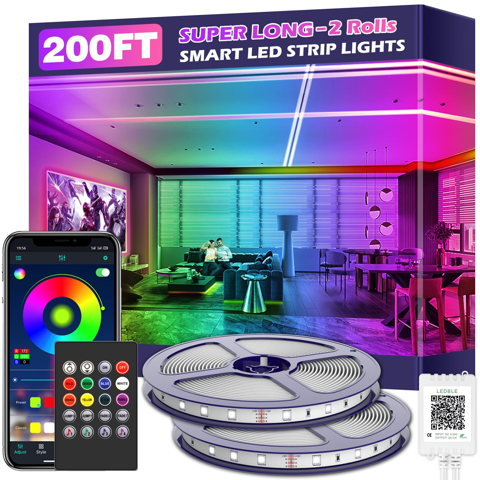 LETIANPAI LED Strip Lights, 200FT RGB Color Changing, Bluetooth APP/IR Remote, Music Sync, Plastic for Home Decoration