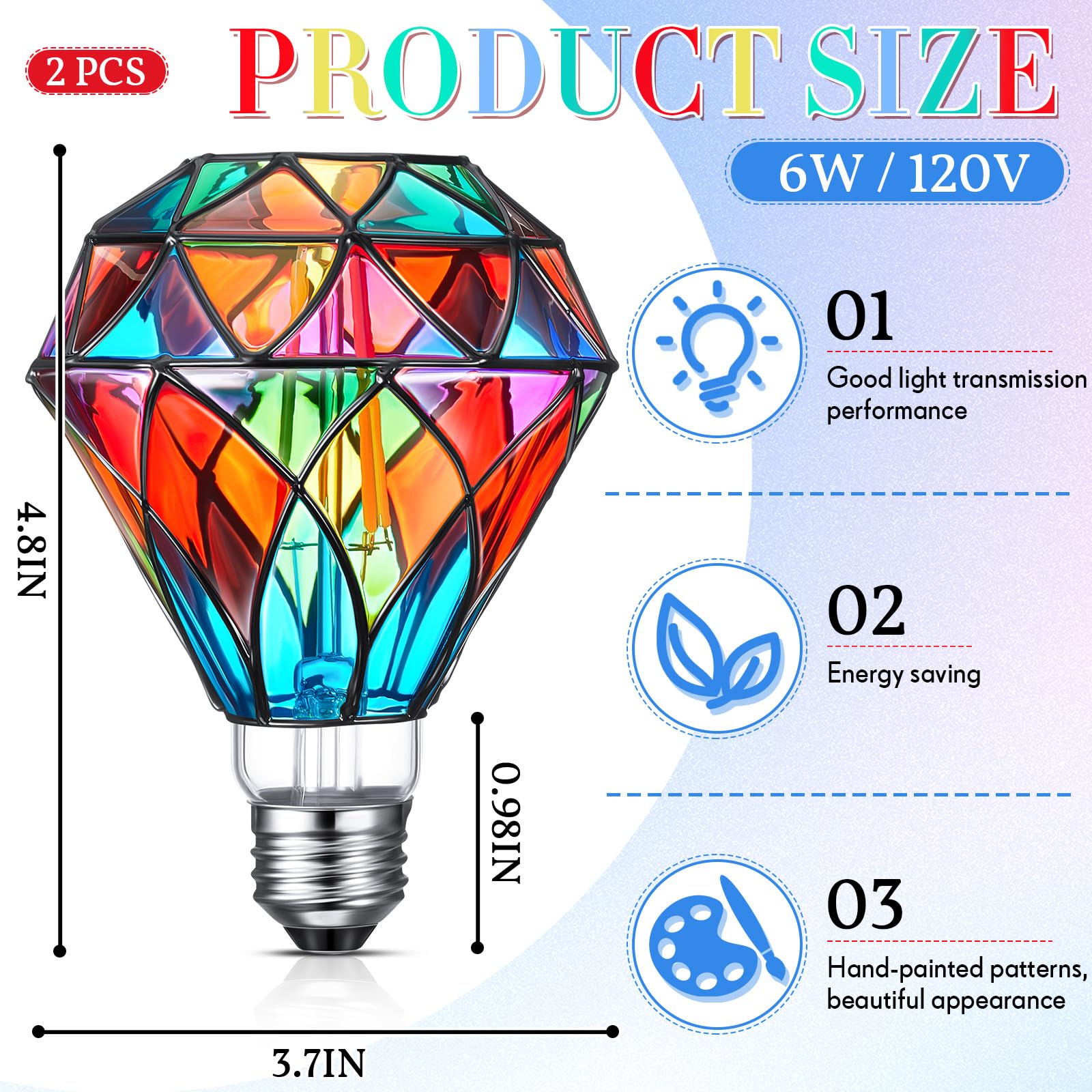 Baquler Stained Glass LED Light Bulb, Diamond Shape E26 Base, 6W, 3.7x4.8 inches, Colorful Flickering Light for Home & Garden Decoration