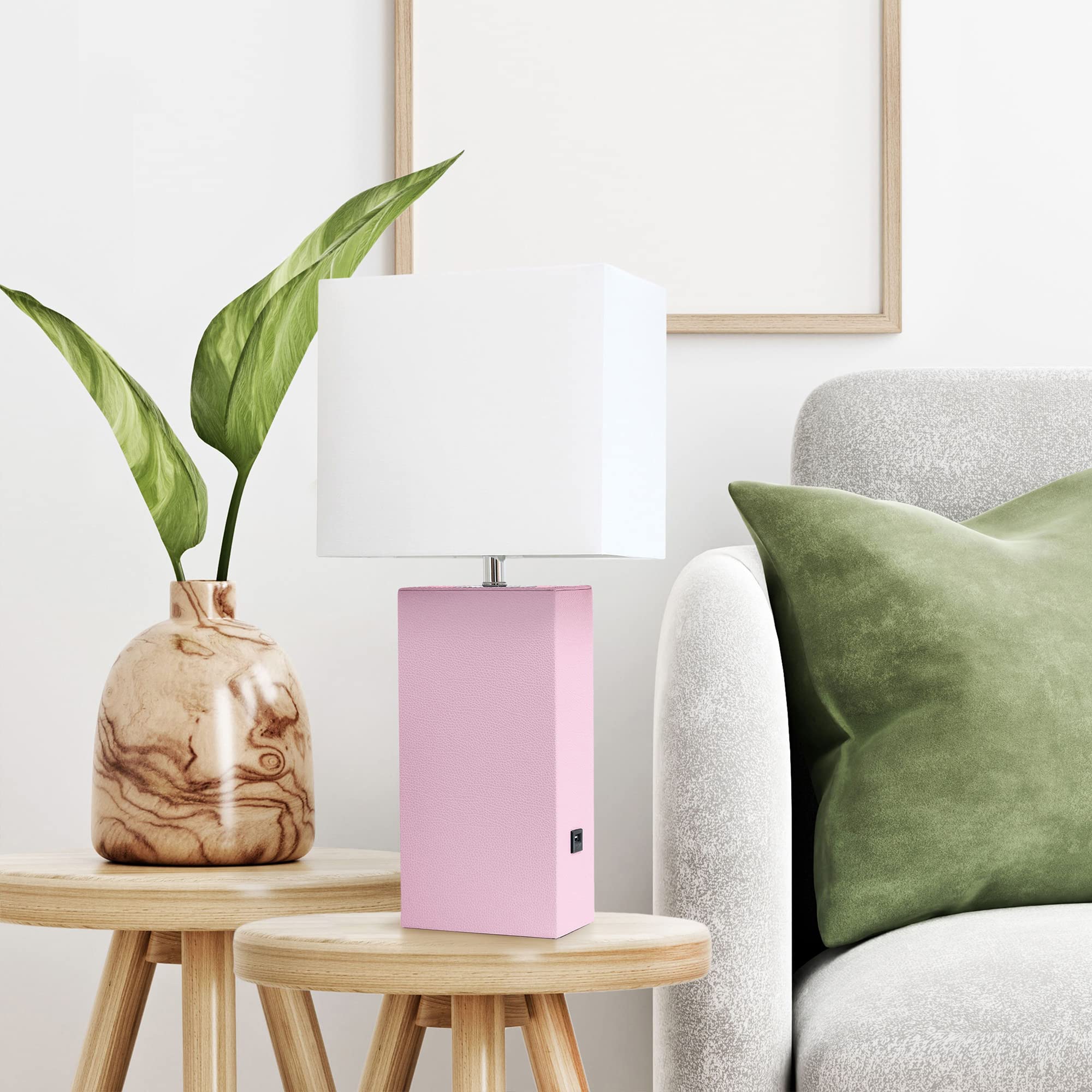 Lalia Home Blush Pink Leather Base Bedside Table Lamp With Usb Charging Port & Fabric Shade