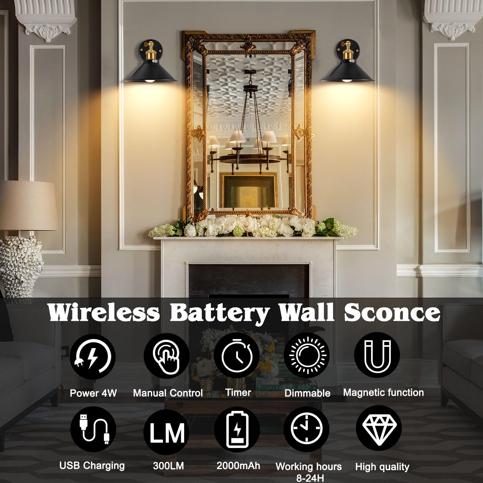 Merlight Battery Operated Wall Sconces Set, Wireless Wall Sconces With Dimmable Remote Control, Usb Charging, Warm White/Natural