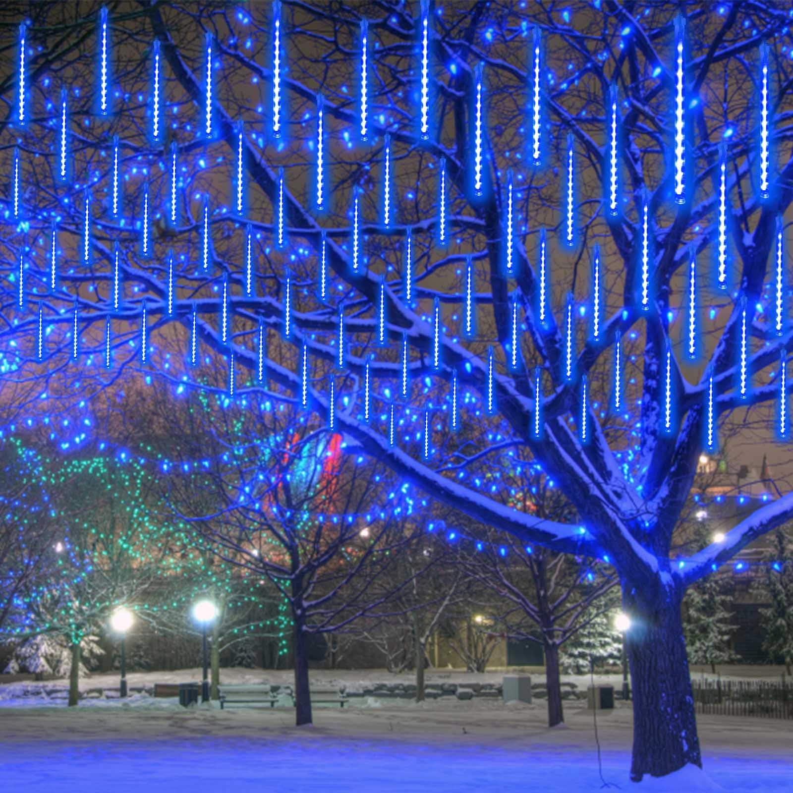 2-Pack Extendable Meteor Shower Christmas Lights Outdoor  16 Tubes 384 Leds Waterproof Falling Rain String Lights  Christmas String Lights Outdoor For Tree Garden Patio Holiday Decorations (Blue)