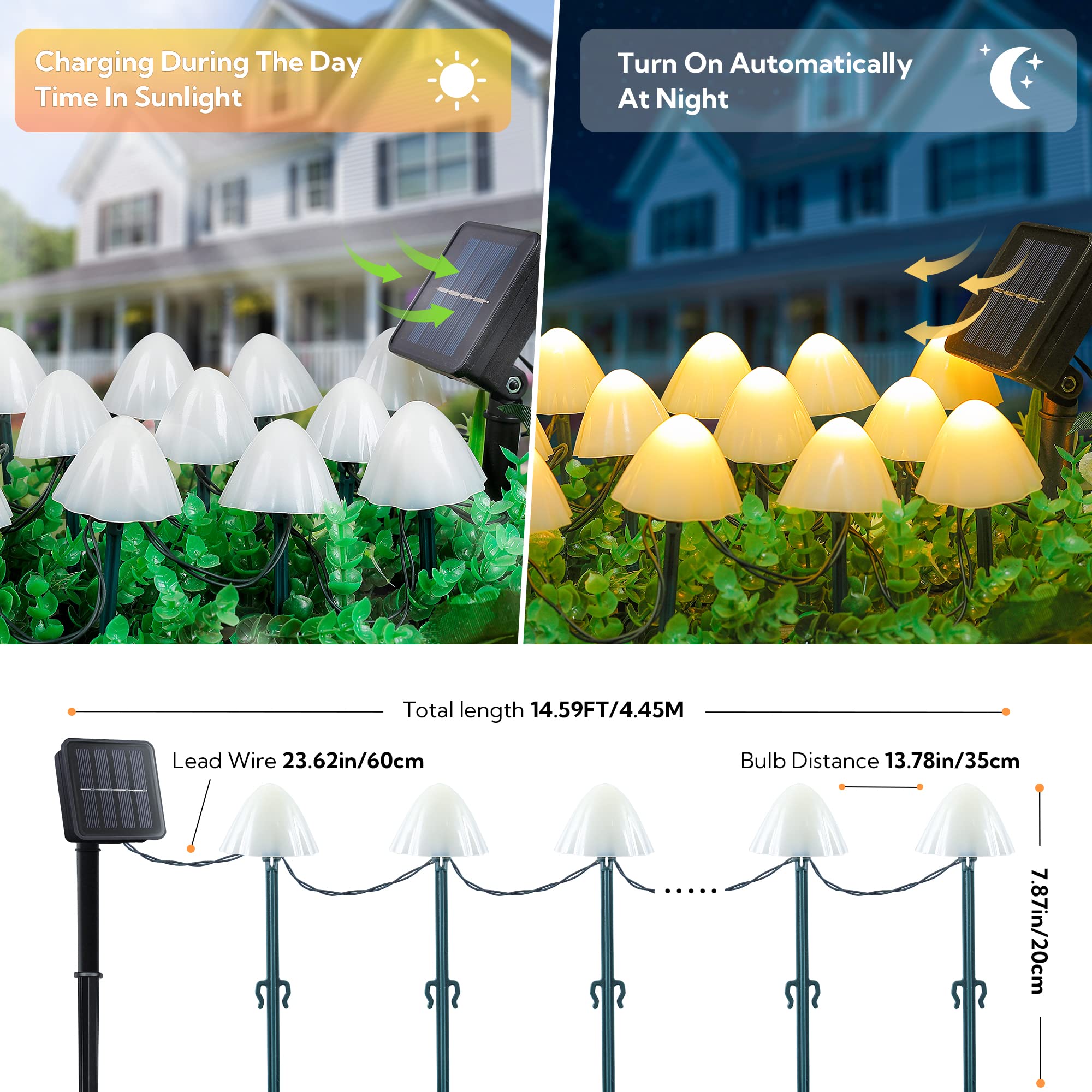 Pellimo Solar Garden Lights,Set Of 12Pcs 14.5Ft Mini Mushroom Solar Lights Outdoor Waterproof,2 Modes Cute Mushroom Shaped Pathway Lights For Patio Yard Garden Christmas Decoration(Warm White)