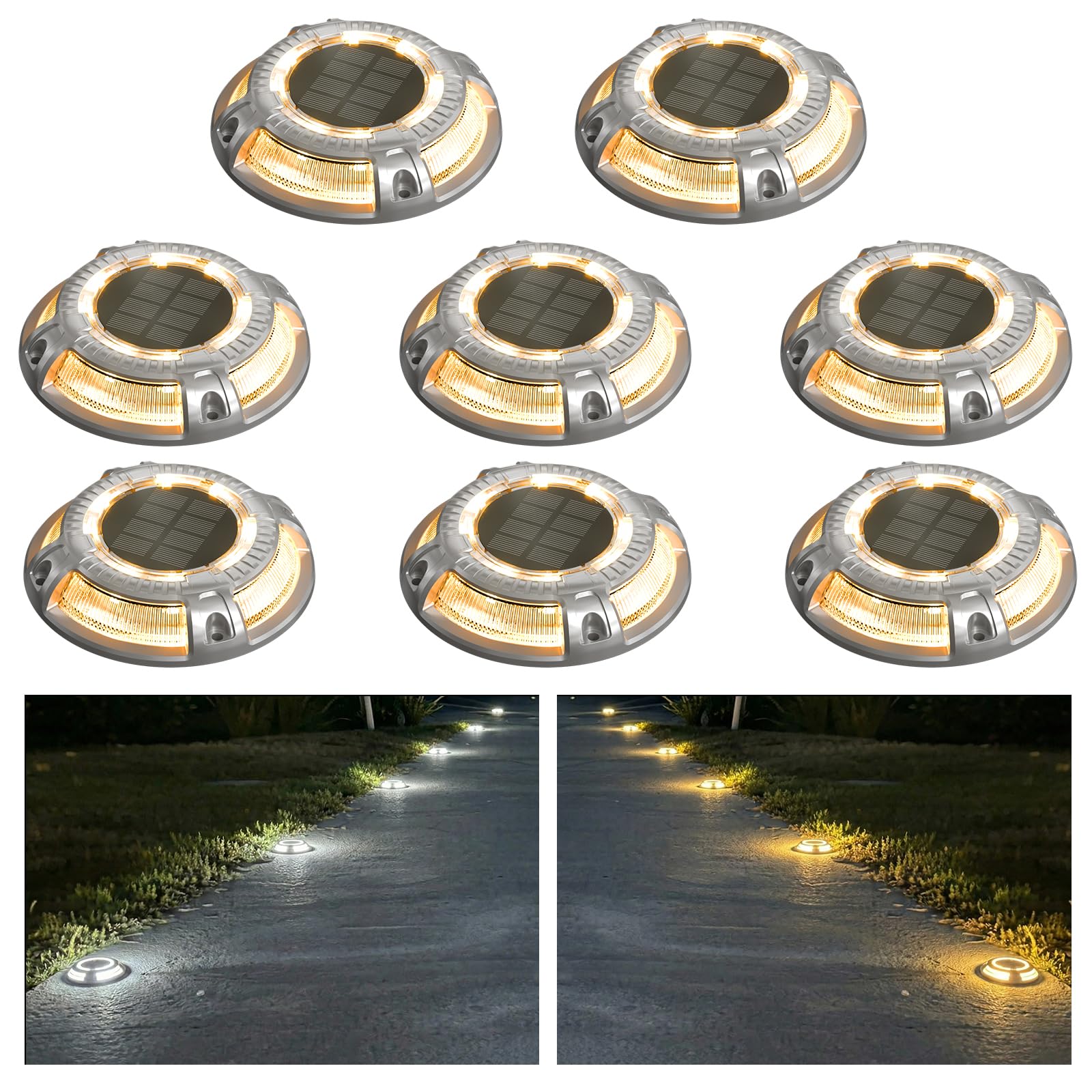 addlon Solar Driveway Lights Outdoor 8 Pack, 2 Color Modes LED Deck Dock Marine Waterproof Driveway Marker Lights for Step Sidew