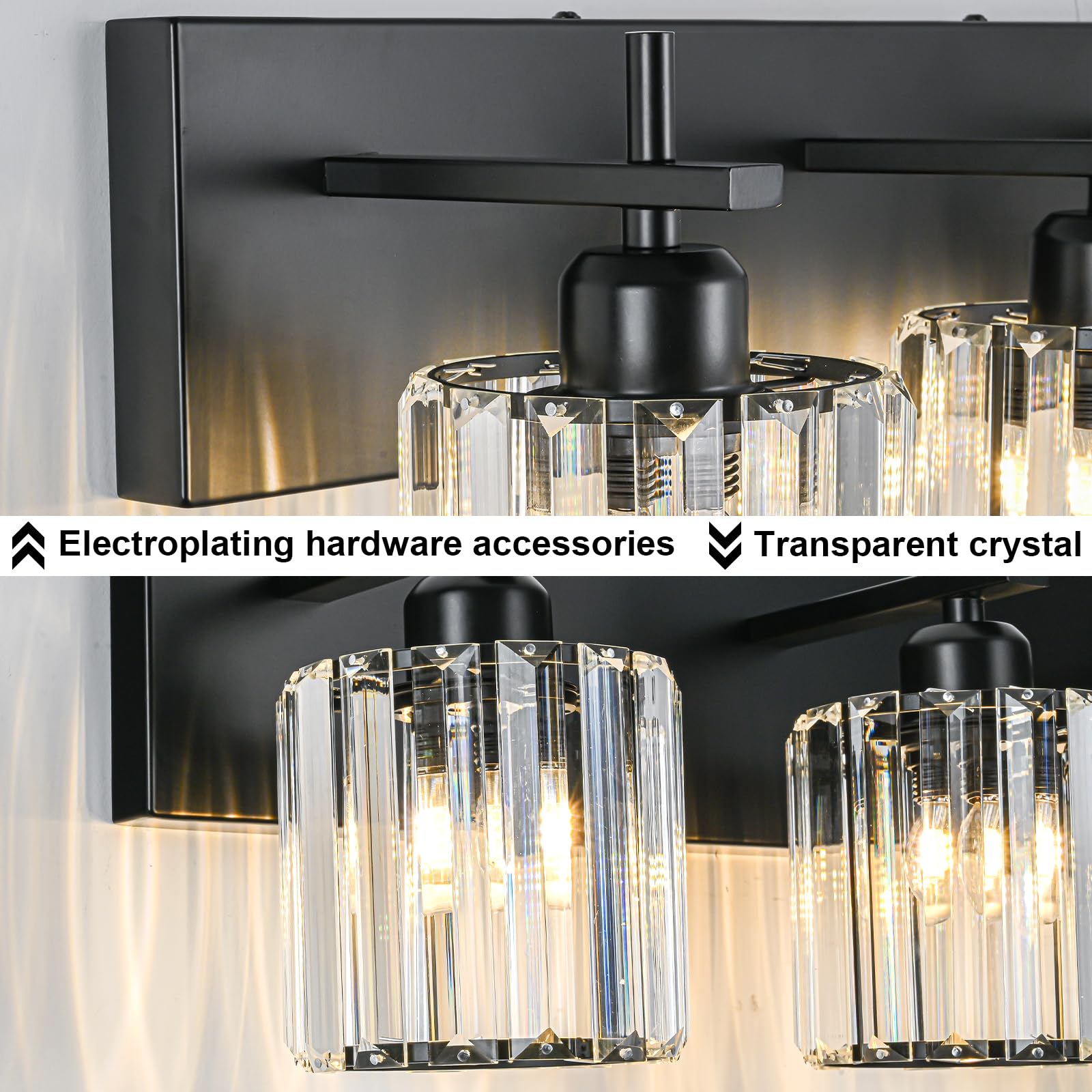 HUOKU Bathroom Vanity Lights, Modern 3-Light Crystal Wall Lighting, Black-Round Shade, Metal, Model 37487a34-85aa-442a-bf20-a85861846