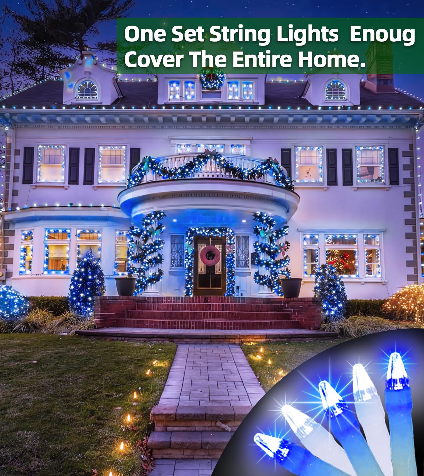 Quhuatu Led String Lights Christmas Decorations 8 Lightsing Modes Christmas Lights With Timer Functions For Tree Indoor Outdoor Decorr 1500 Led 492Ft Blue & White