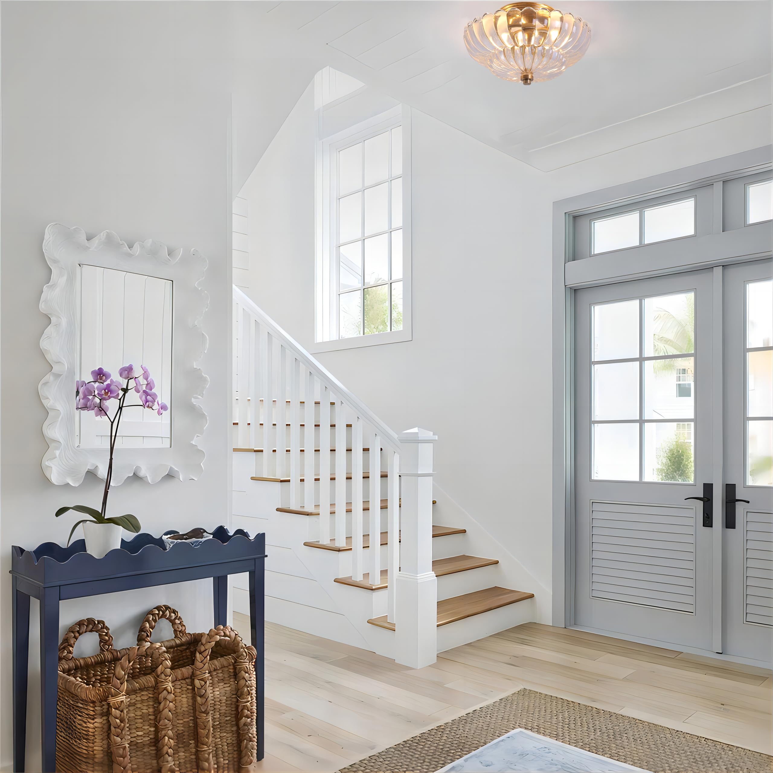 Semi Flush Mount Ceiling Light, Scalloped Clear Glass Close To Ceiling Light Fixtures With 2 Lights, Gold Vintage Light Fixtures