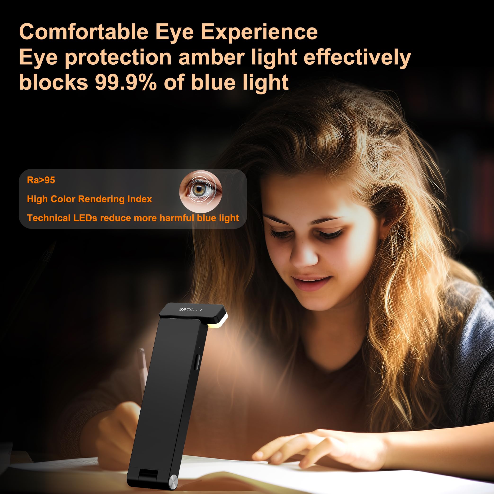 SRTCLLT Book Light, Rechargeable 1500mAh, 3 Color Adjustable, 3 Brightness, Portable Night Lamp, ABS Material, Without Screen