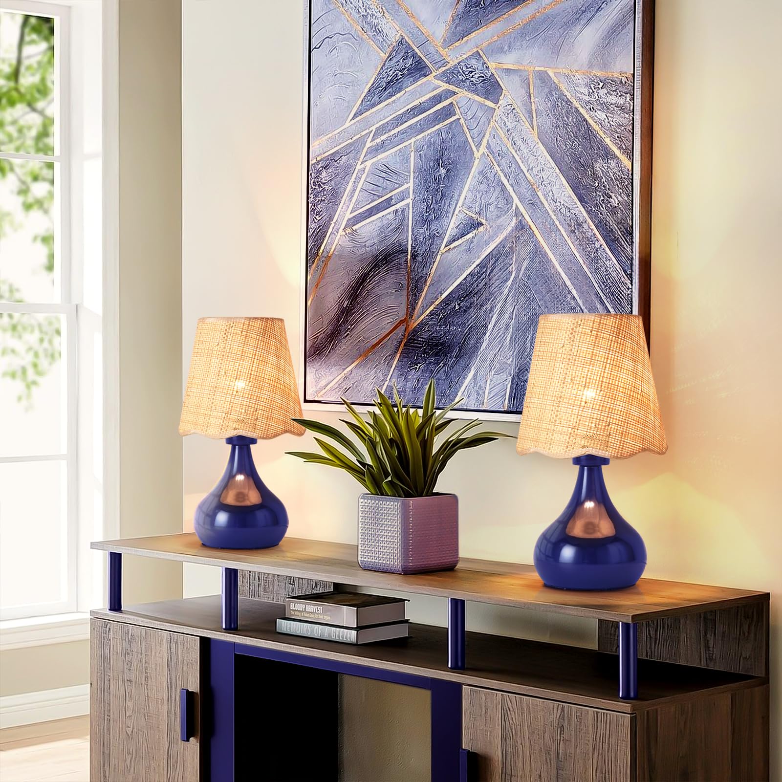 Ziqqeelam Navy Blue Small Bedside Mini Table Lamp For Bedroom, Small Bedroom Lamps For Nightstand, Small Rattan Shade Table Lamp
