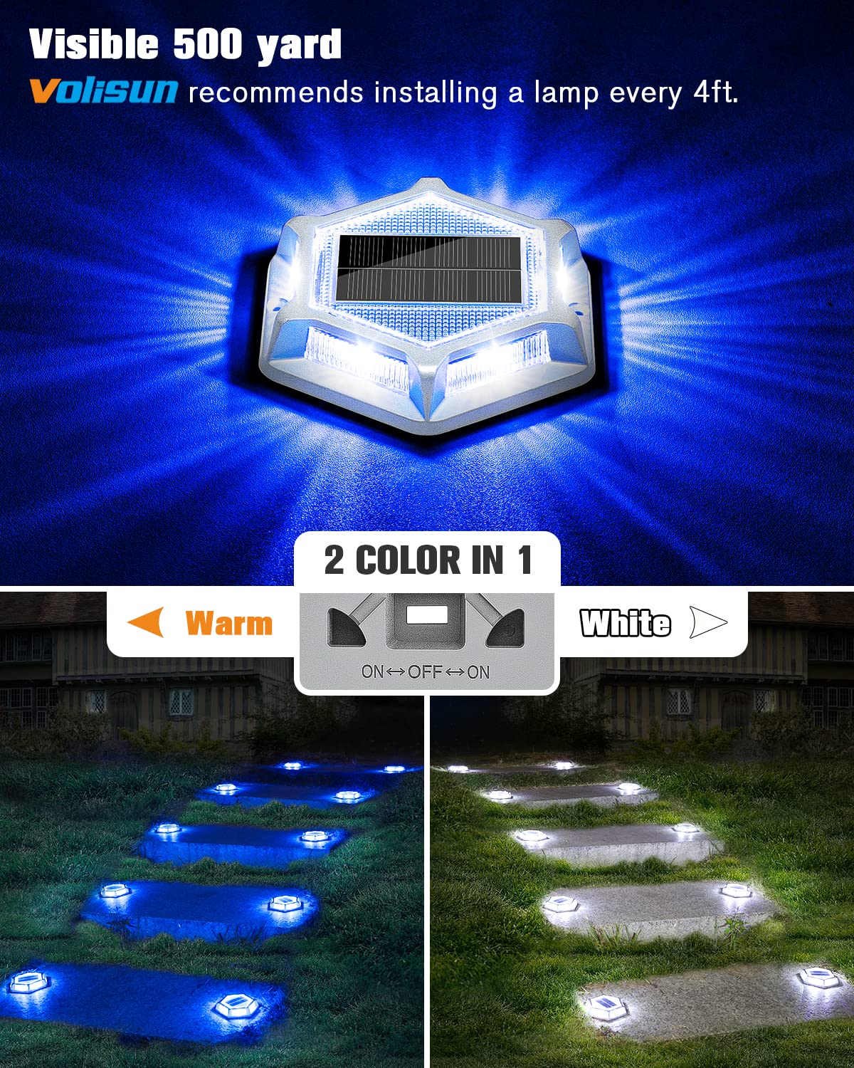 VOLISUN Solar Driveway Lights, 12 Pack Waterproof LED Deck Lights, White/Blue, Cast Aluminium, Model 21147ZM