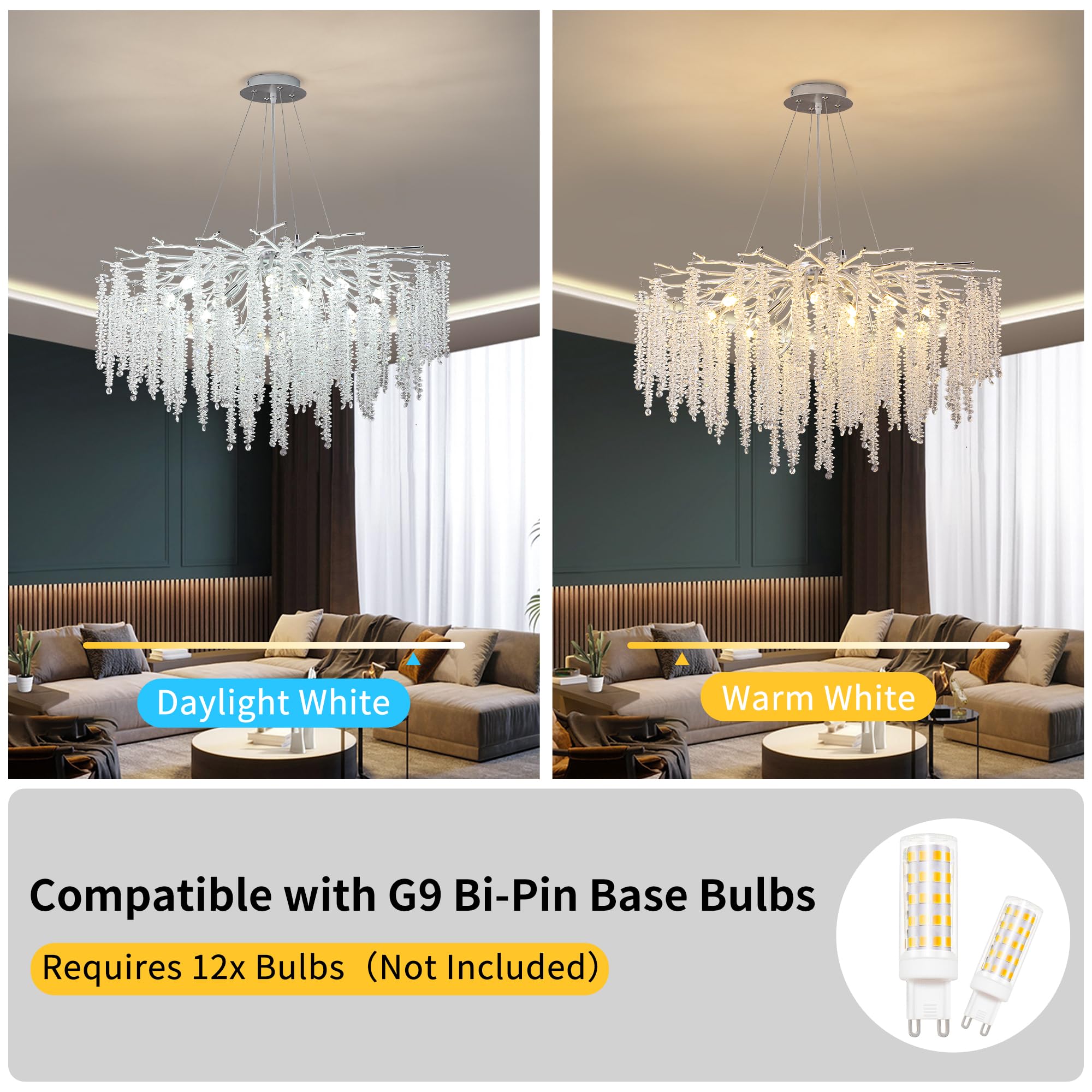 Upfelw Crystal Tree Branch Chandelier Silver D31.5, Modern Art Deco Large Raindrop Branch Chandelier Lighting Fixture For Living