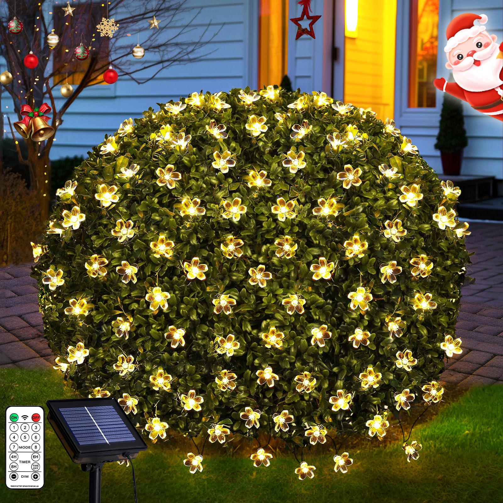 JMEXSUSS Solar Net Lights with Flower Outdoor Waterproof, 5 x 5ft Solar Net Bush Lights Outdoor Mesh Lights, 8 Modes Net Christm