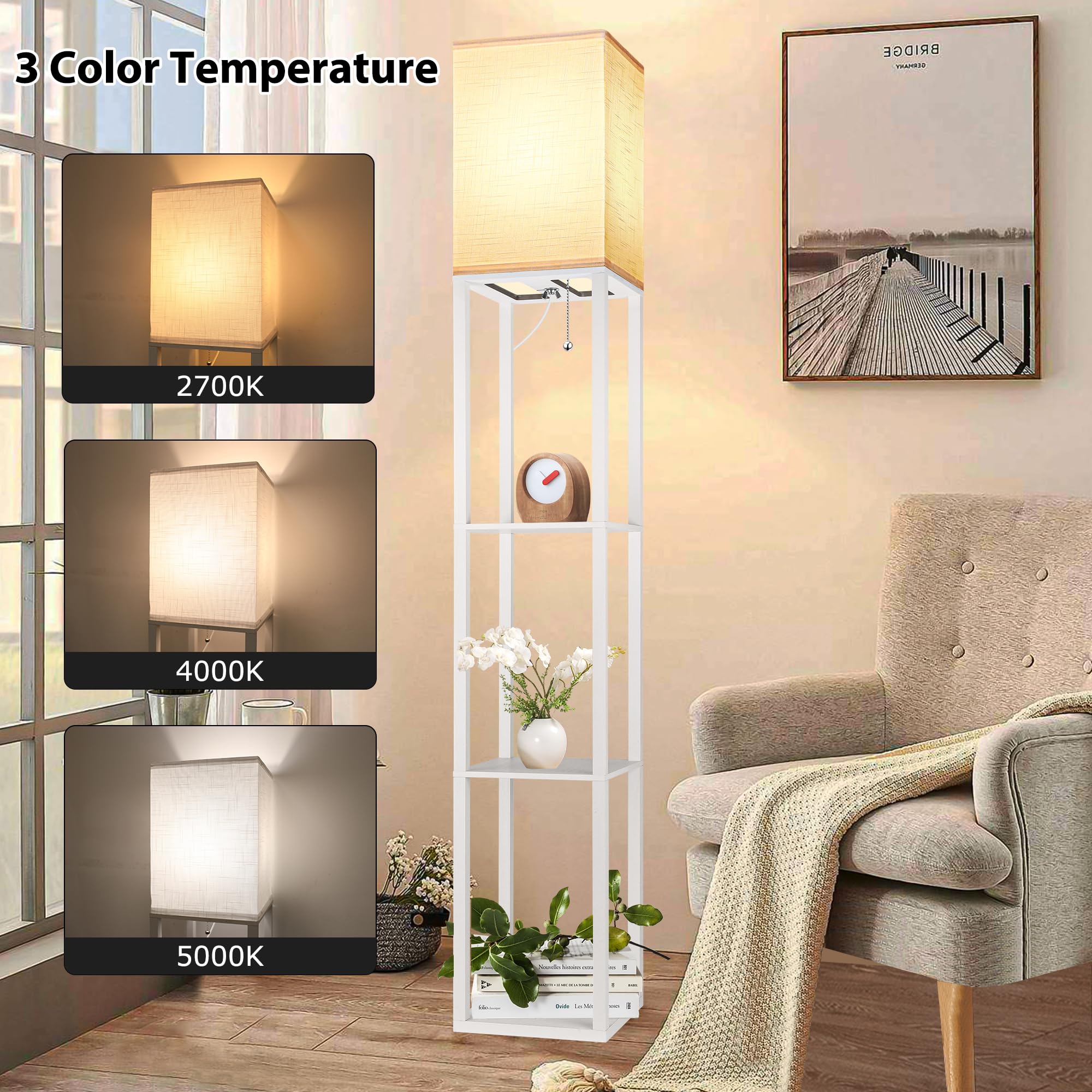 Floor Lamp With Shelves For Living Room White, Shelf Floor Lamp With 3 Cct Led Bulb, Corner Display Standing Column Lamp Etagere