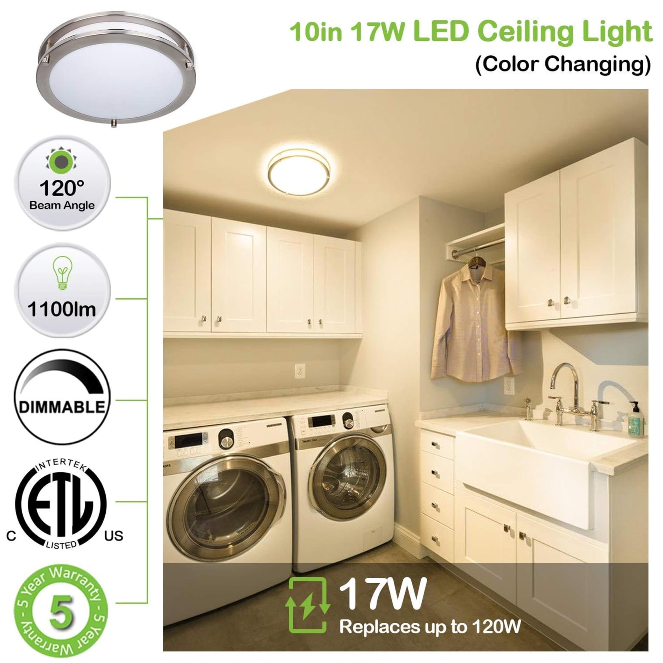 Hykolity 10 Inch Flush Mount Led Ceiling Light Fixture, 17W 1100Lm, 2700K/3000K/3500K/4000K/5000K Adjustable Ceiling Lights, Bru