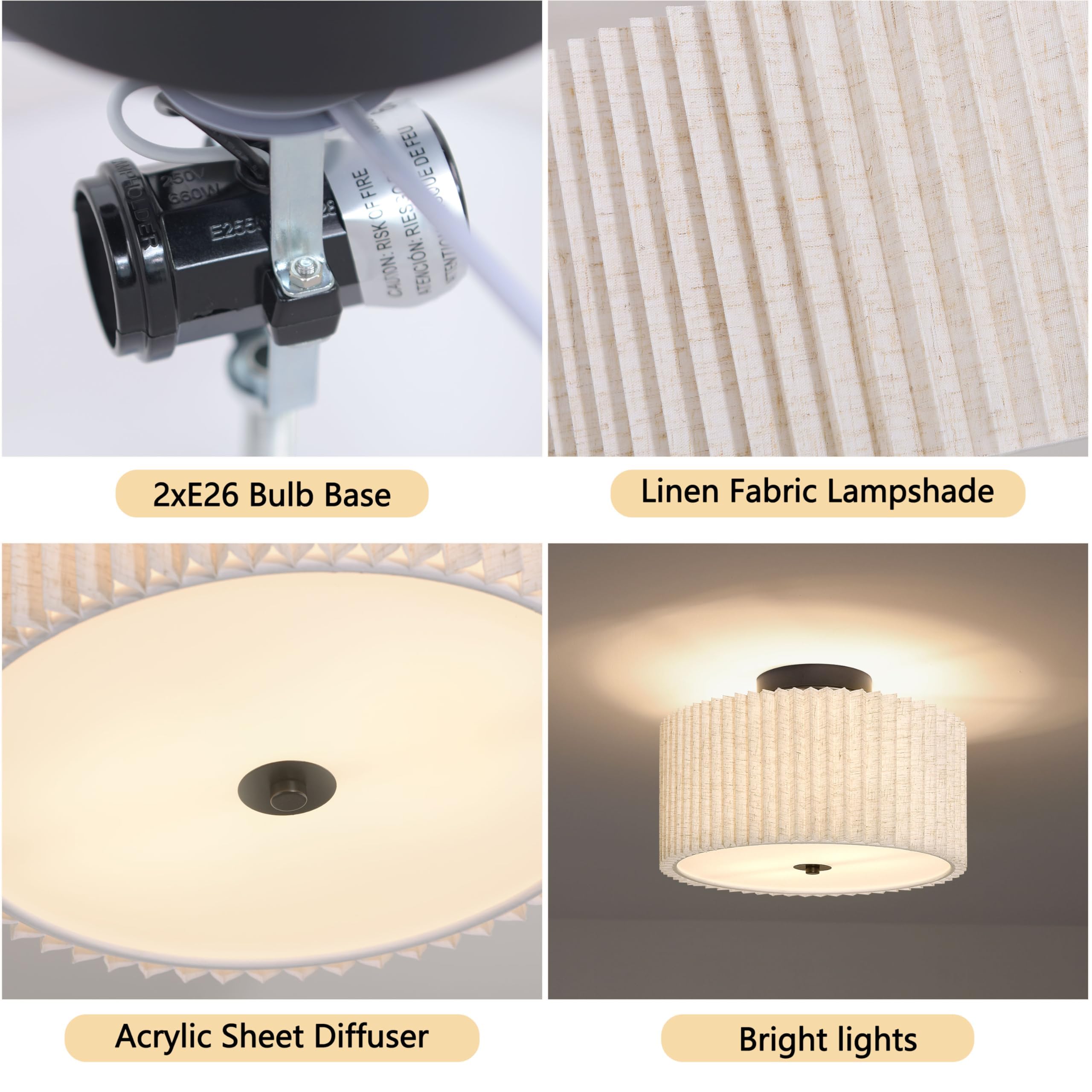 2 Light Semi Flush Mount Ceiling Light Fixture 12.6 Inch Modern Black Drum Ceiling Light Fixture With Pleated Fabric Shade Dimma