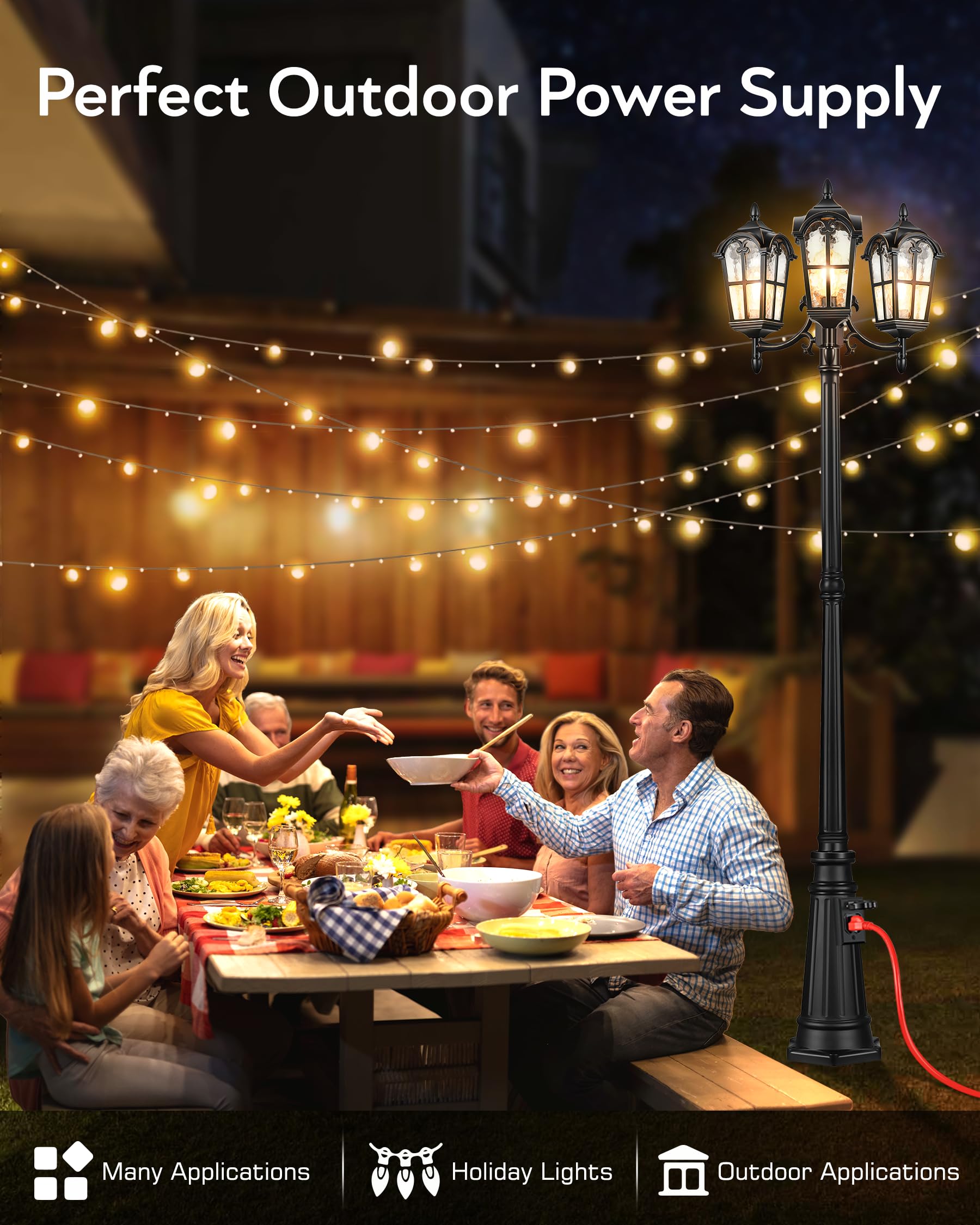 Vianis 3-Head Outdoor Lamp Post Light Fixture With Outlet, Black Dusk Dawn Lamp Posts Outdoor Lighting, Waterproof Anti-Rust Alu