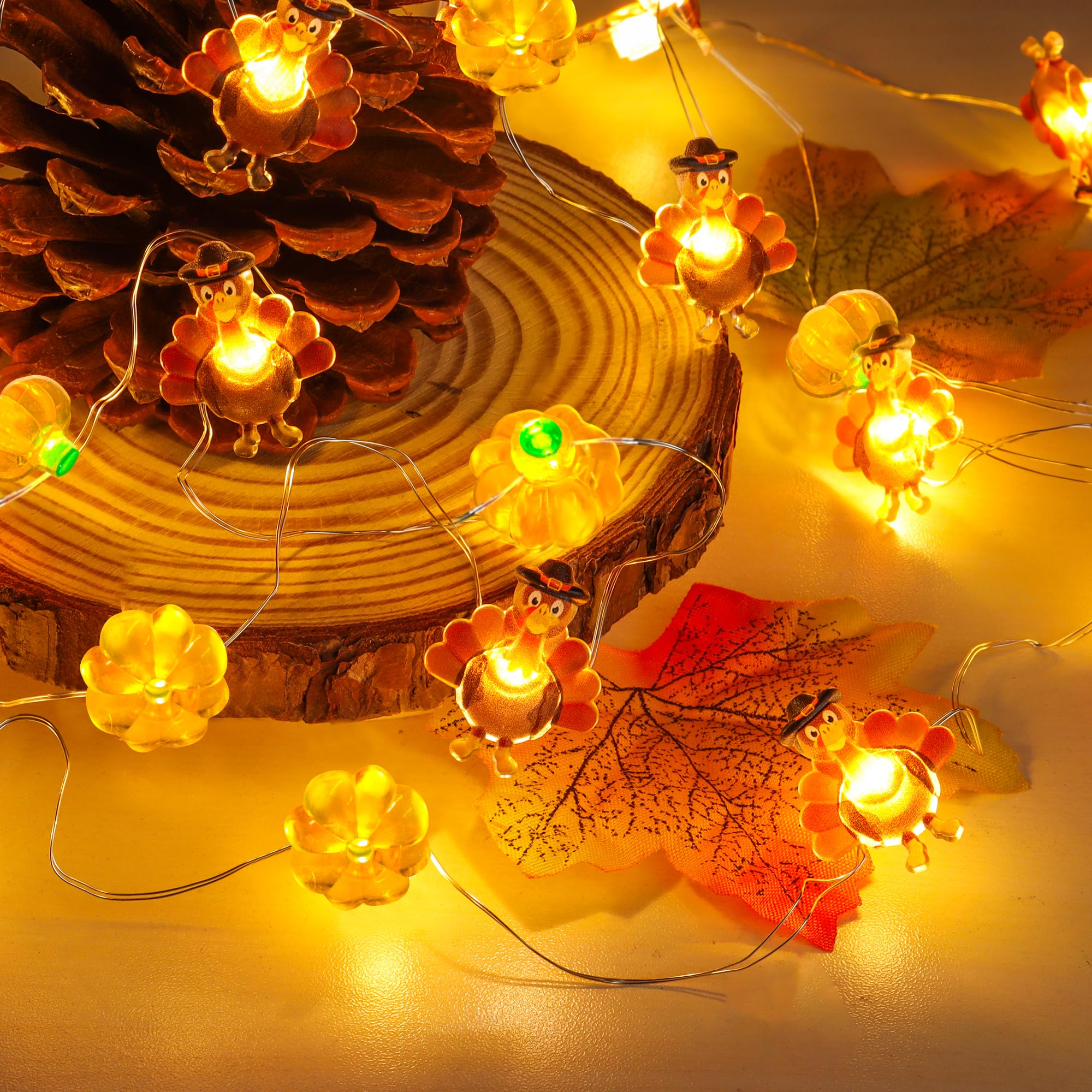 Grastfu Thanksgiving String Lights, 10 Ft 30 LED, Battery Operated, Copper Wire, Brown & Yellow, Model THX-GE-3