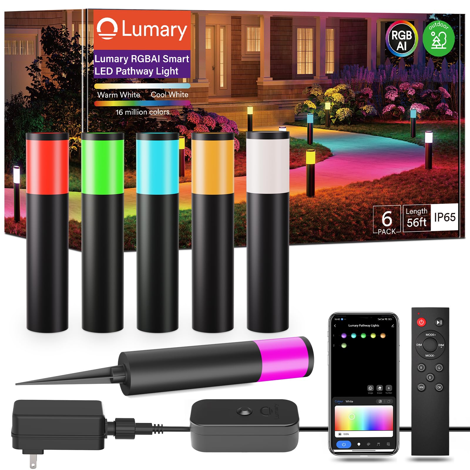 Lumary 6 Pack Smart Pathway Lights 2100LM, RGBAI/Cool/Warm White, Aluminum Wired Landscape Lighting IP65 Waterproof Works with W